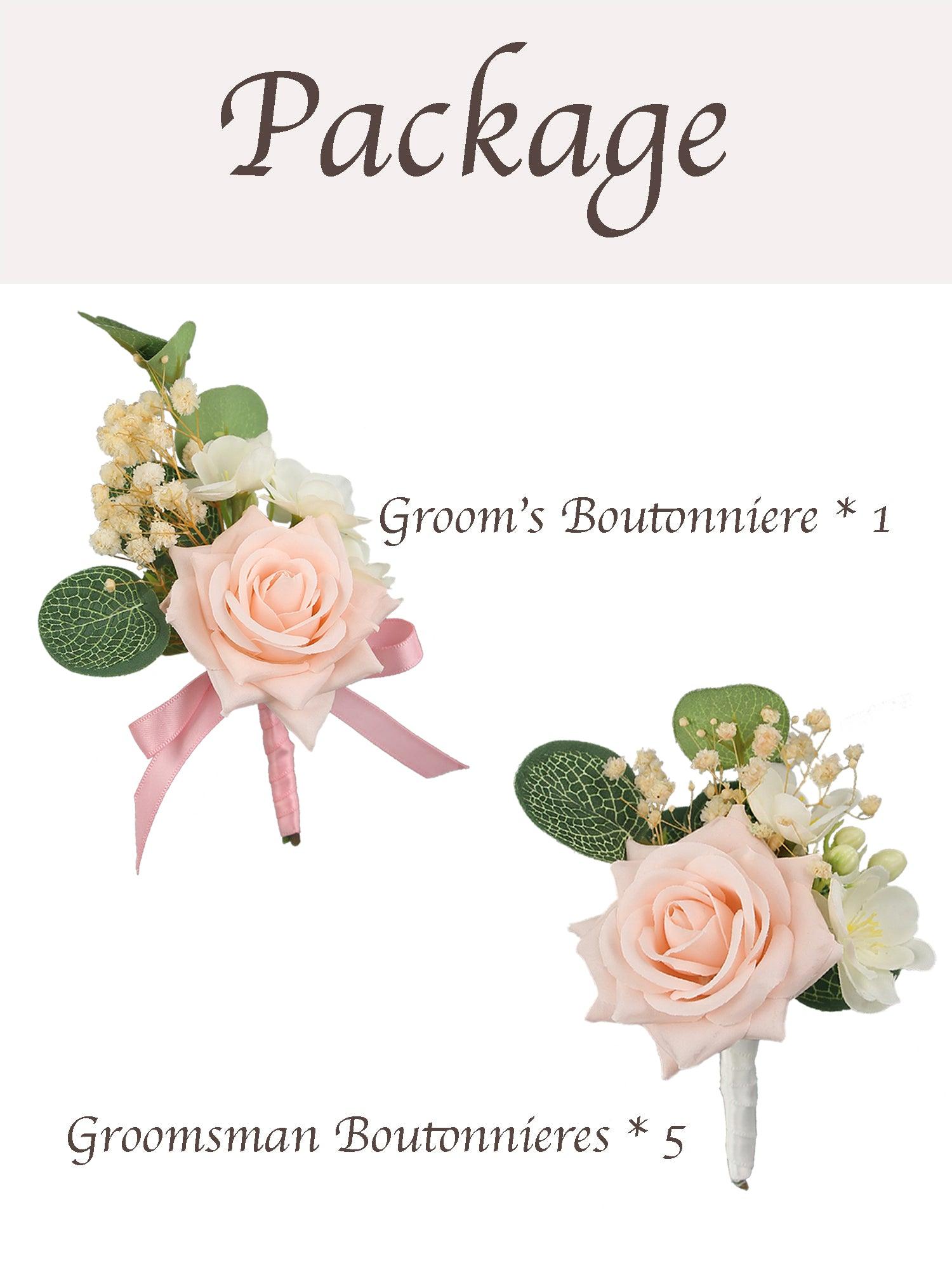 6Pcs Blush Pink & White Boutonnieres - Rinlong Flower