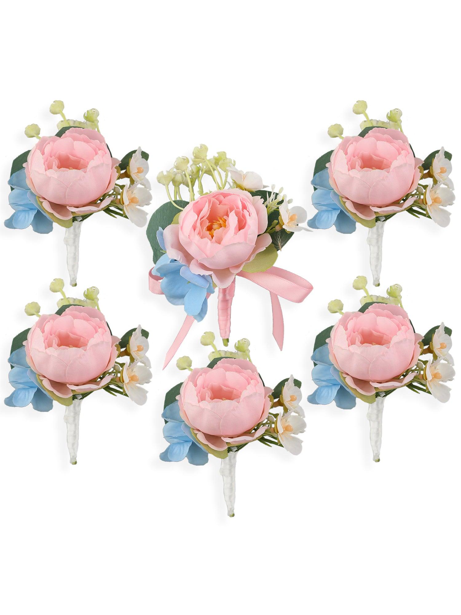 6Pcs Blush & Baby Blue Boutonnieres - Rinlong Flower