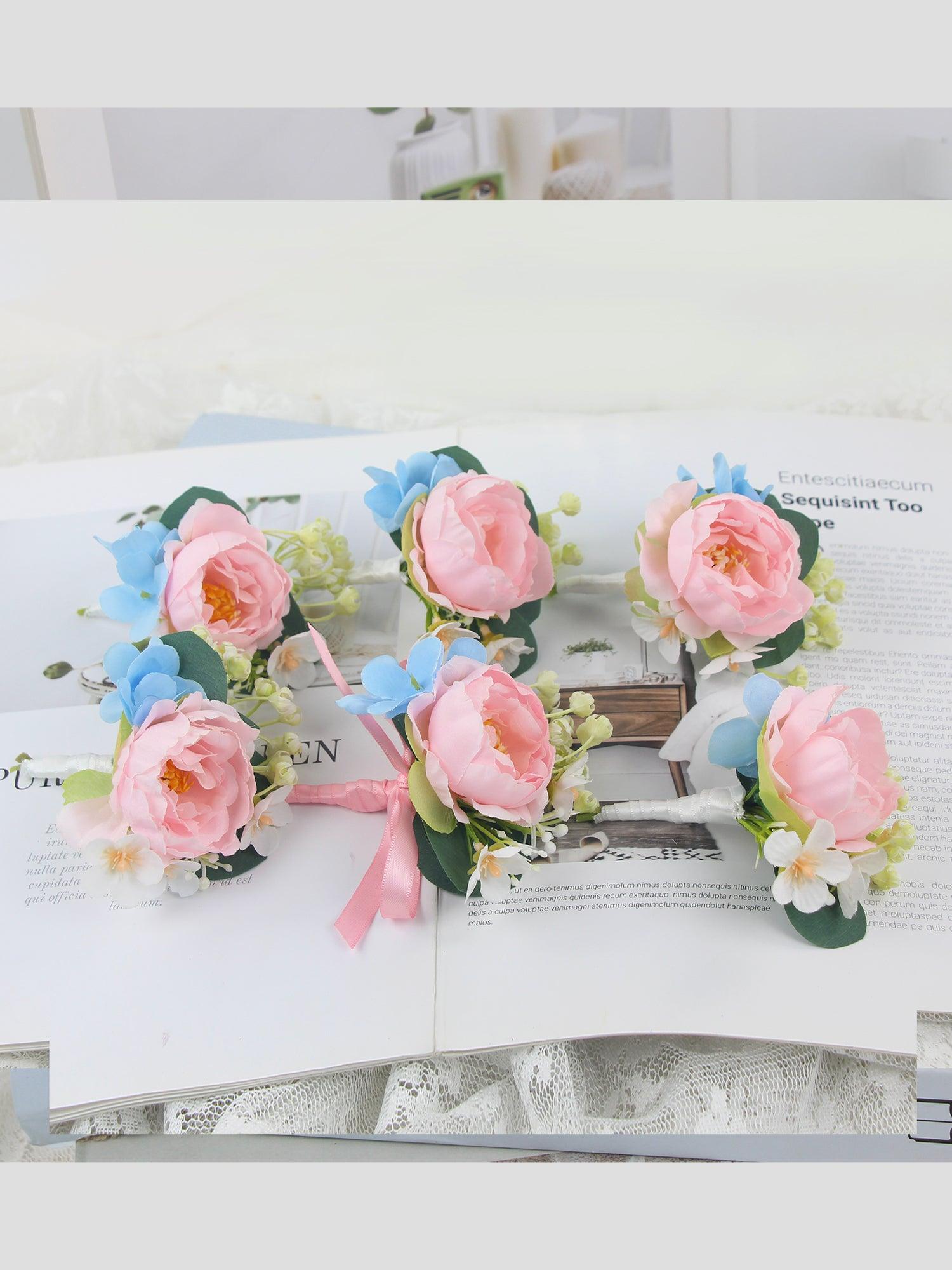 6Pcs Blush & Baby Blue Boutonnieres - Rinlong Flower