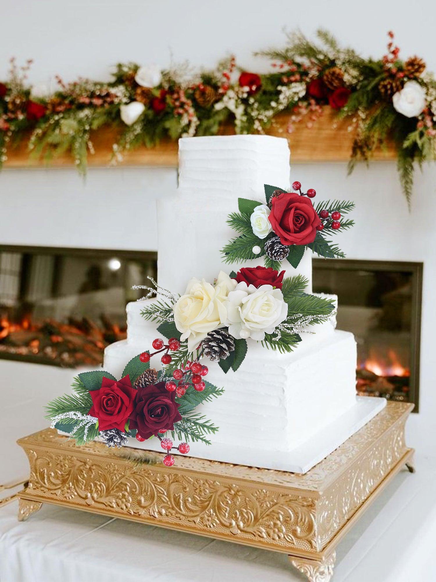 3Pcs Christmas Burgundy & Green Cake Flowers Set - Rinlong Flower