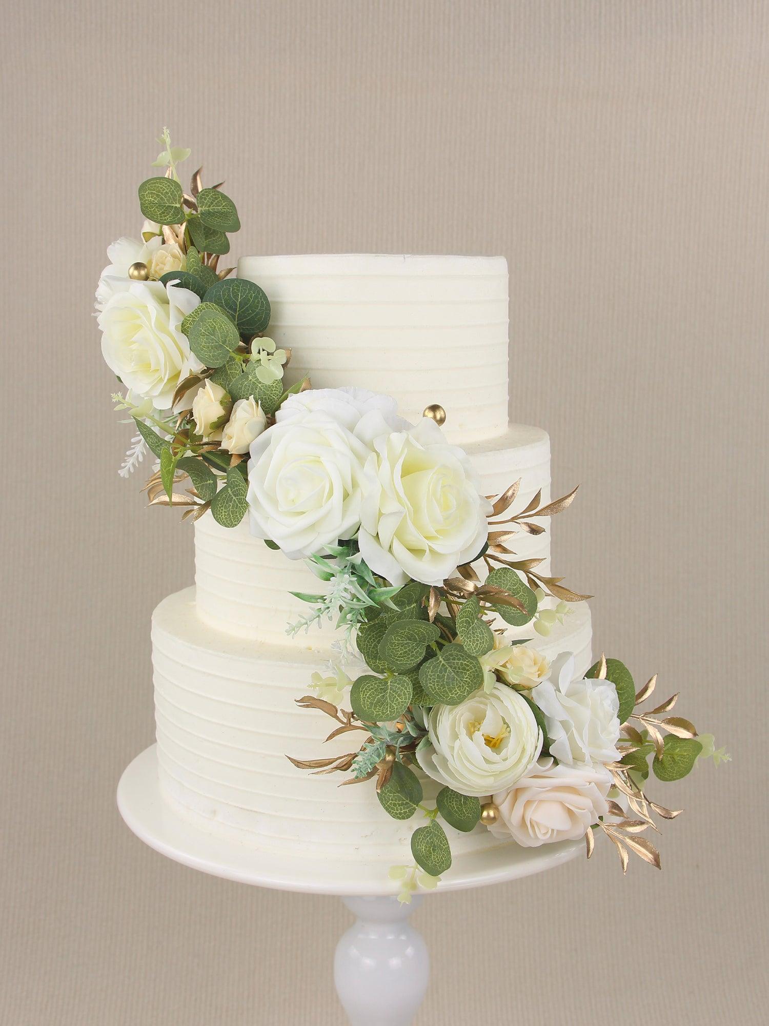 3Pcs White & Gold Cake Flowers Set - Rinlong Flower