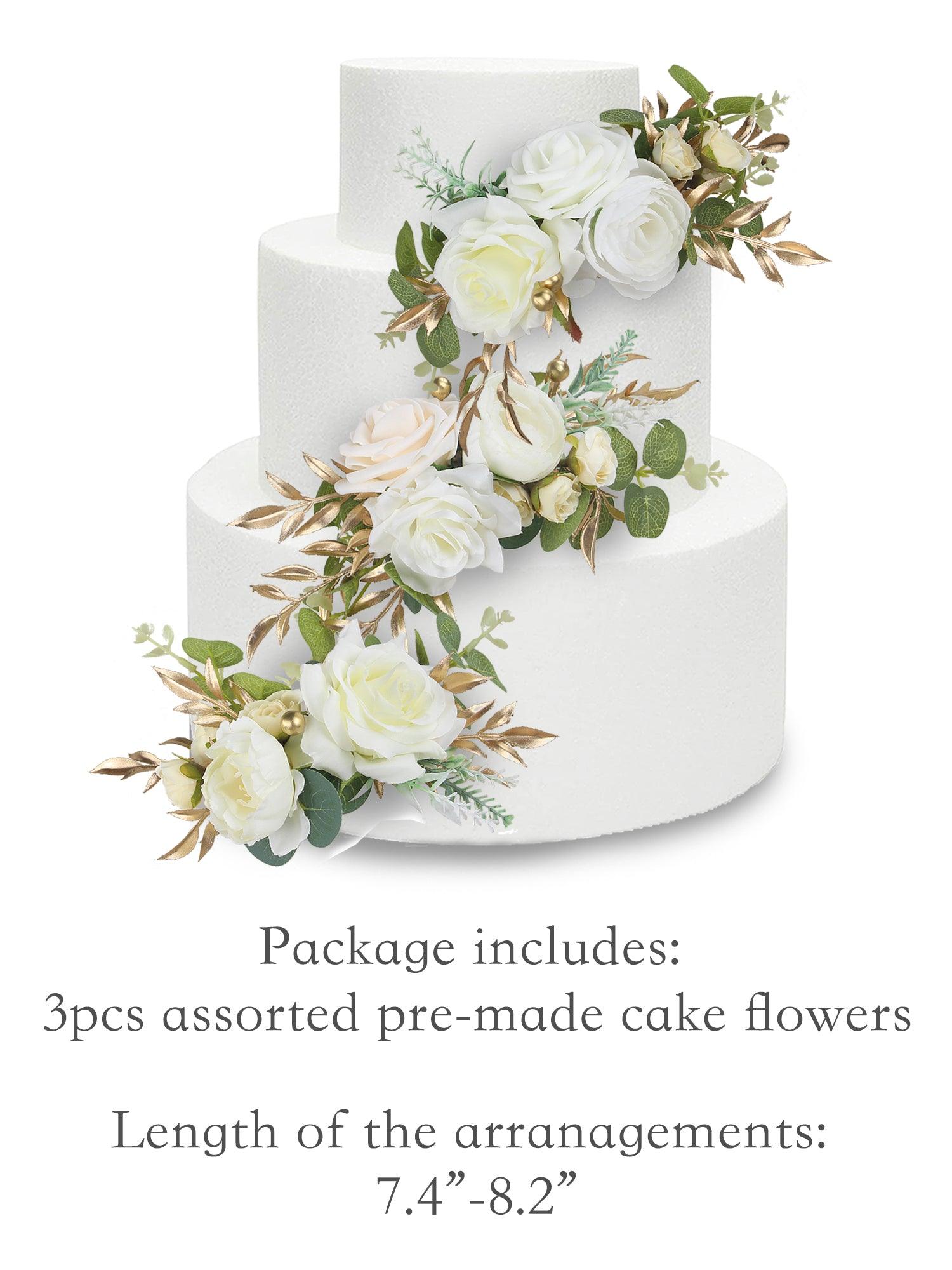 3Pcs White & Gold Cake Flowers Set - Rinlong Flower
