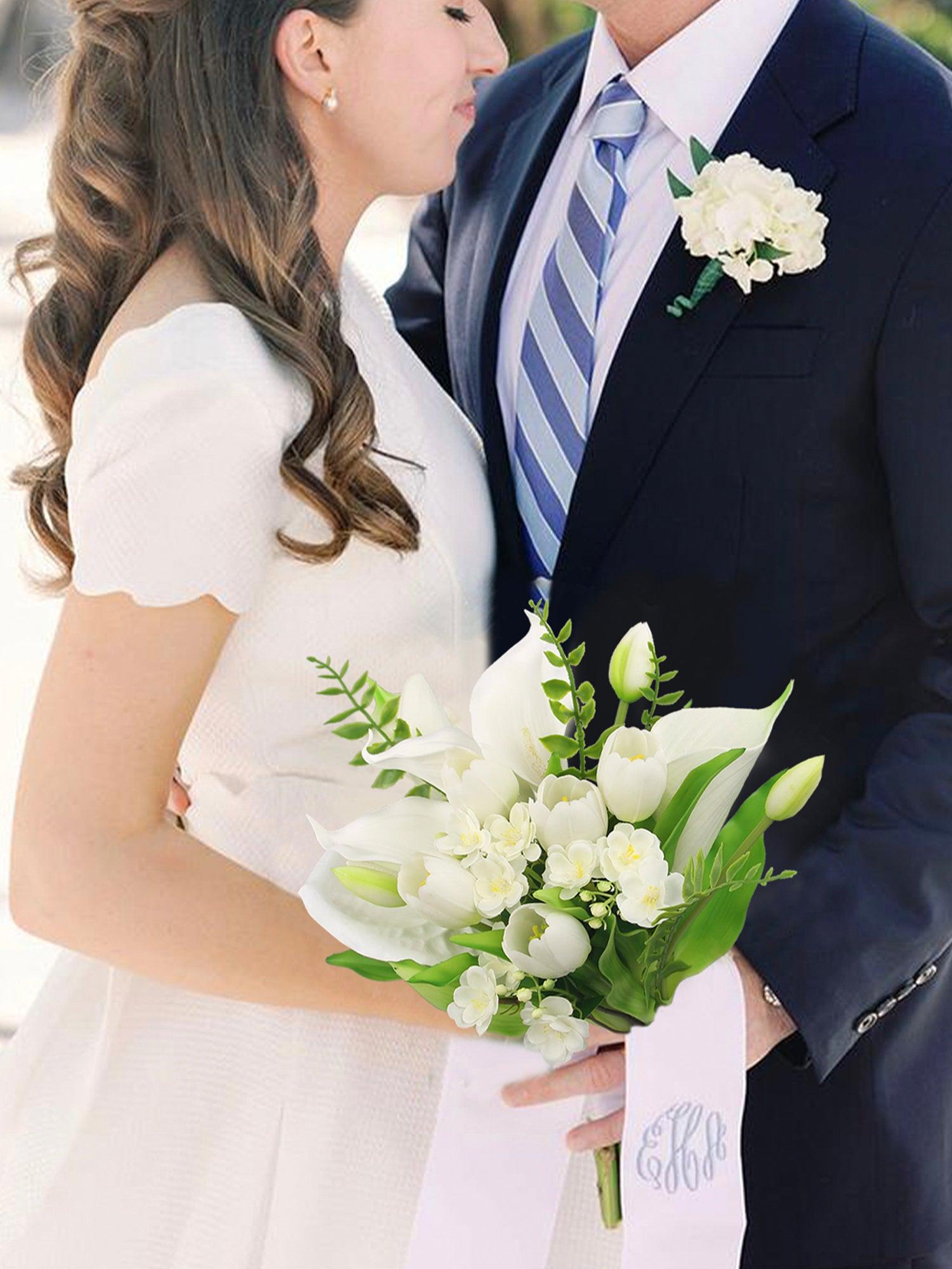 11.8 inch wide White Tulips & Calla Lily Bridal Bouquet - Rinlong Flower