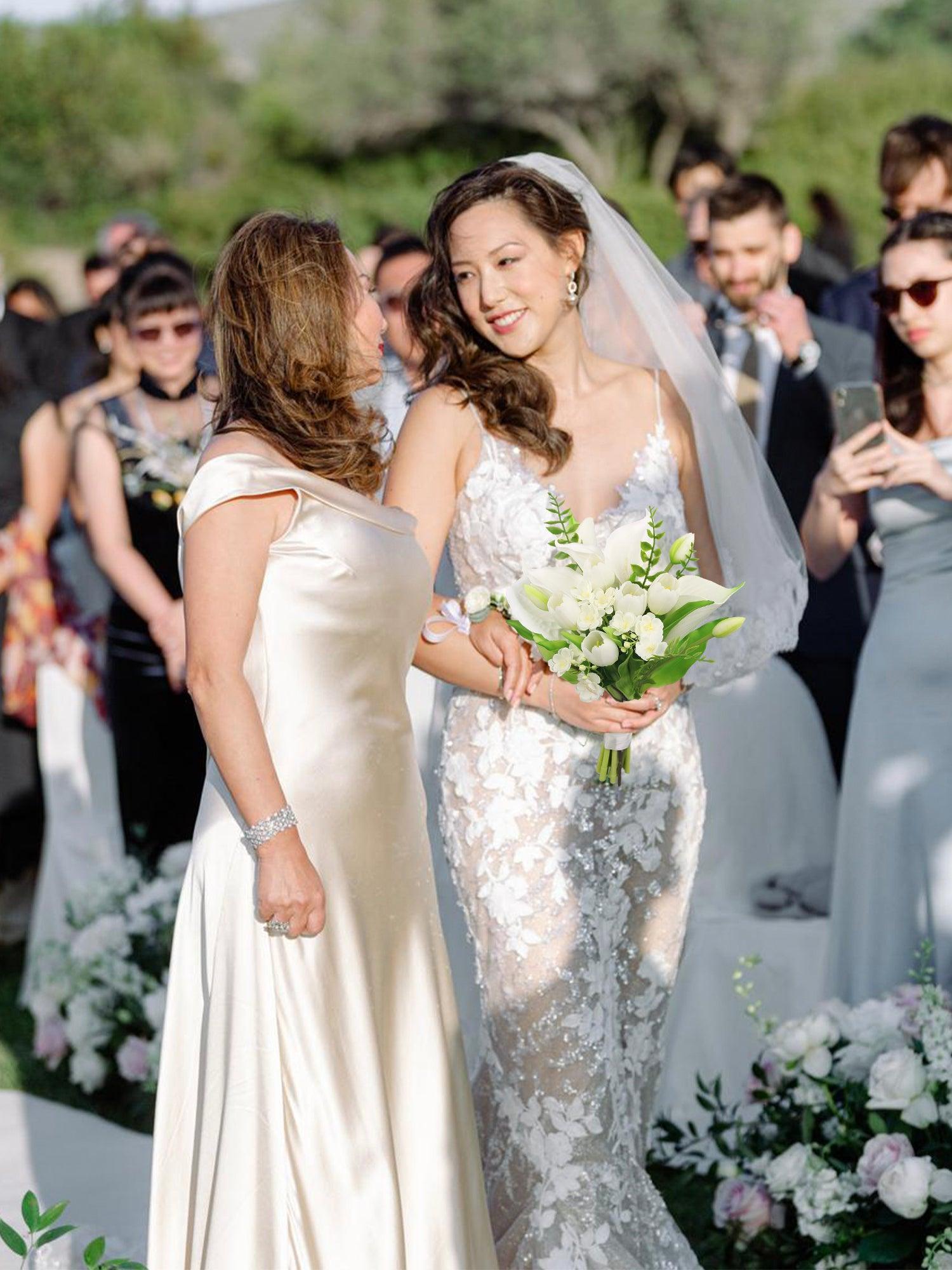 bridal bouquet white calla lilies 11.8 inch wide White Tulips & Calla Lily Bridal Bouquet