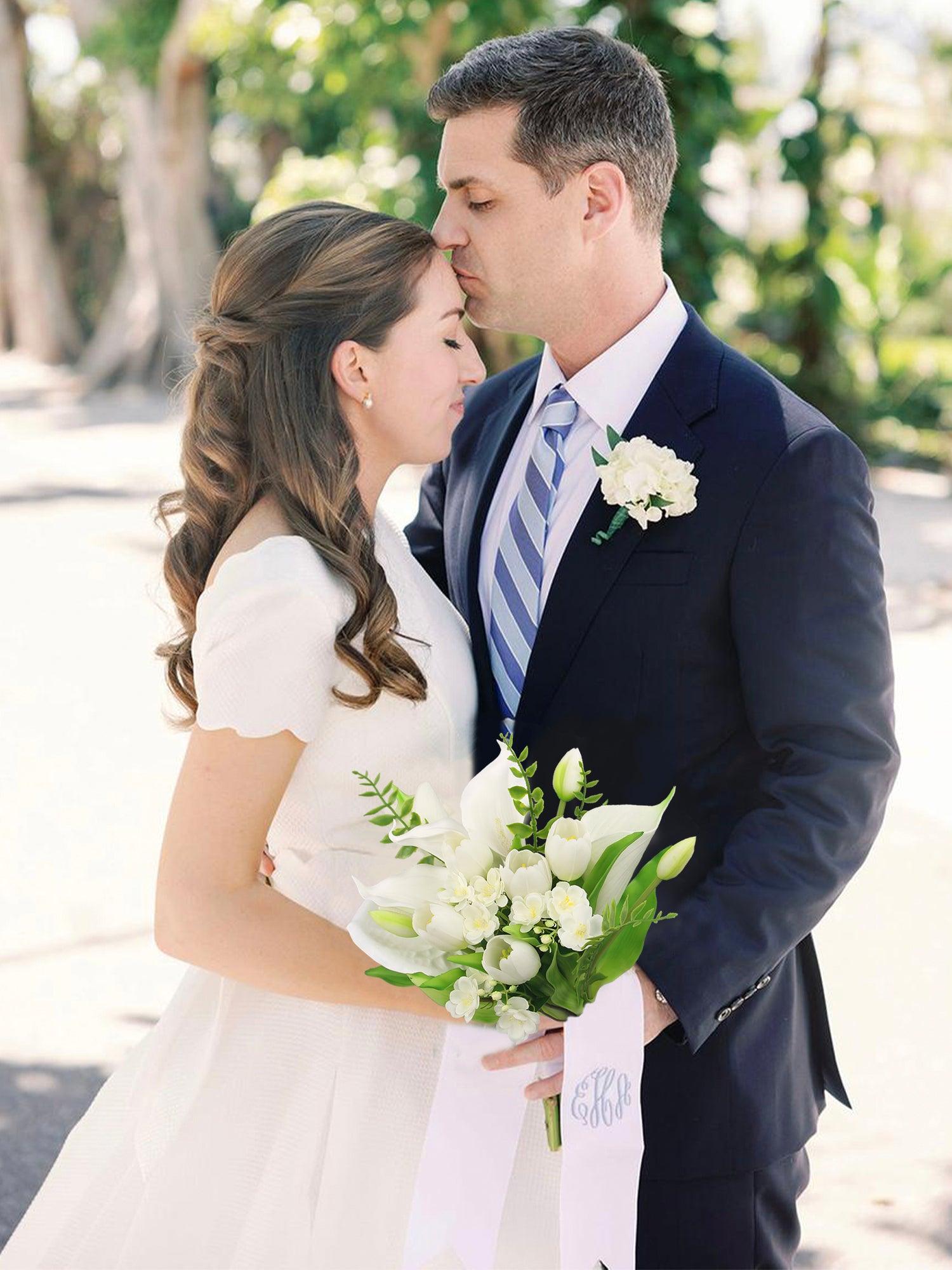 11.8 inch wide White Tulips & Calla Lily Bridal Bouquet - Rinlong Flower