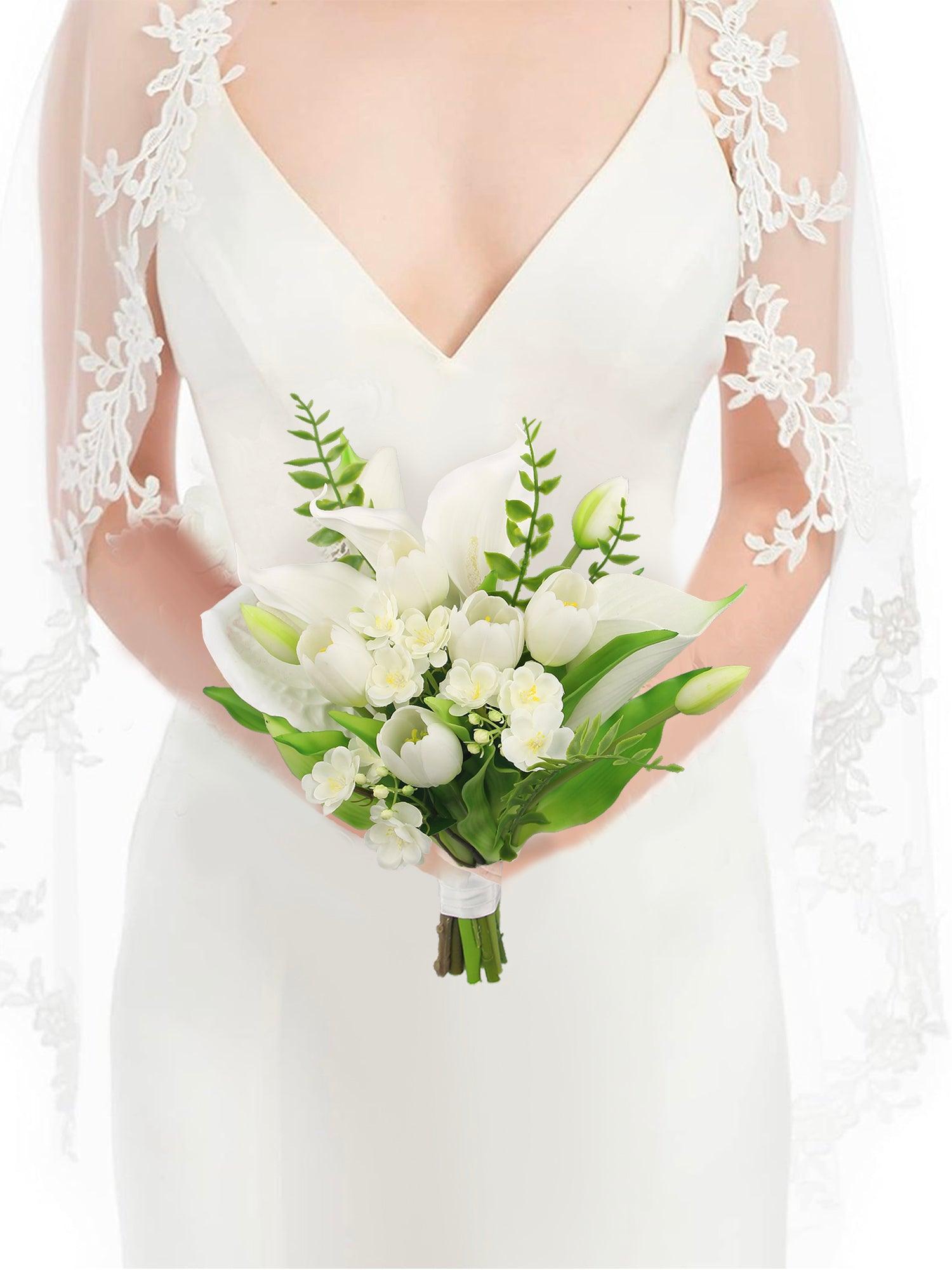 white lily wedding flowers 11.8 inch wide White Tulips & Calla Lily Bridal Bouquet