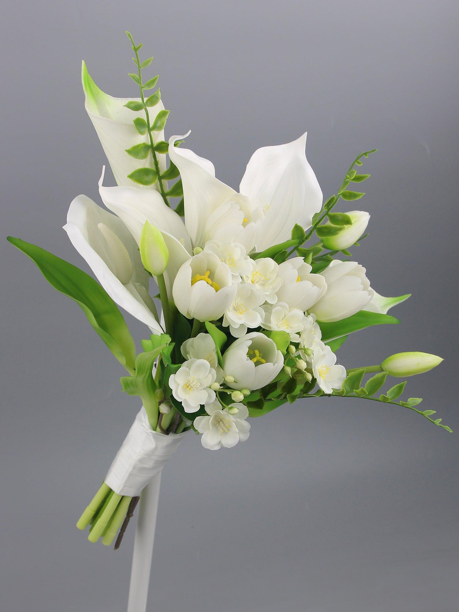 11.8 inch wide White Tulips & Calla Lily Bridal Bouquet - Rinlong Flower