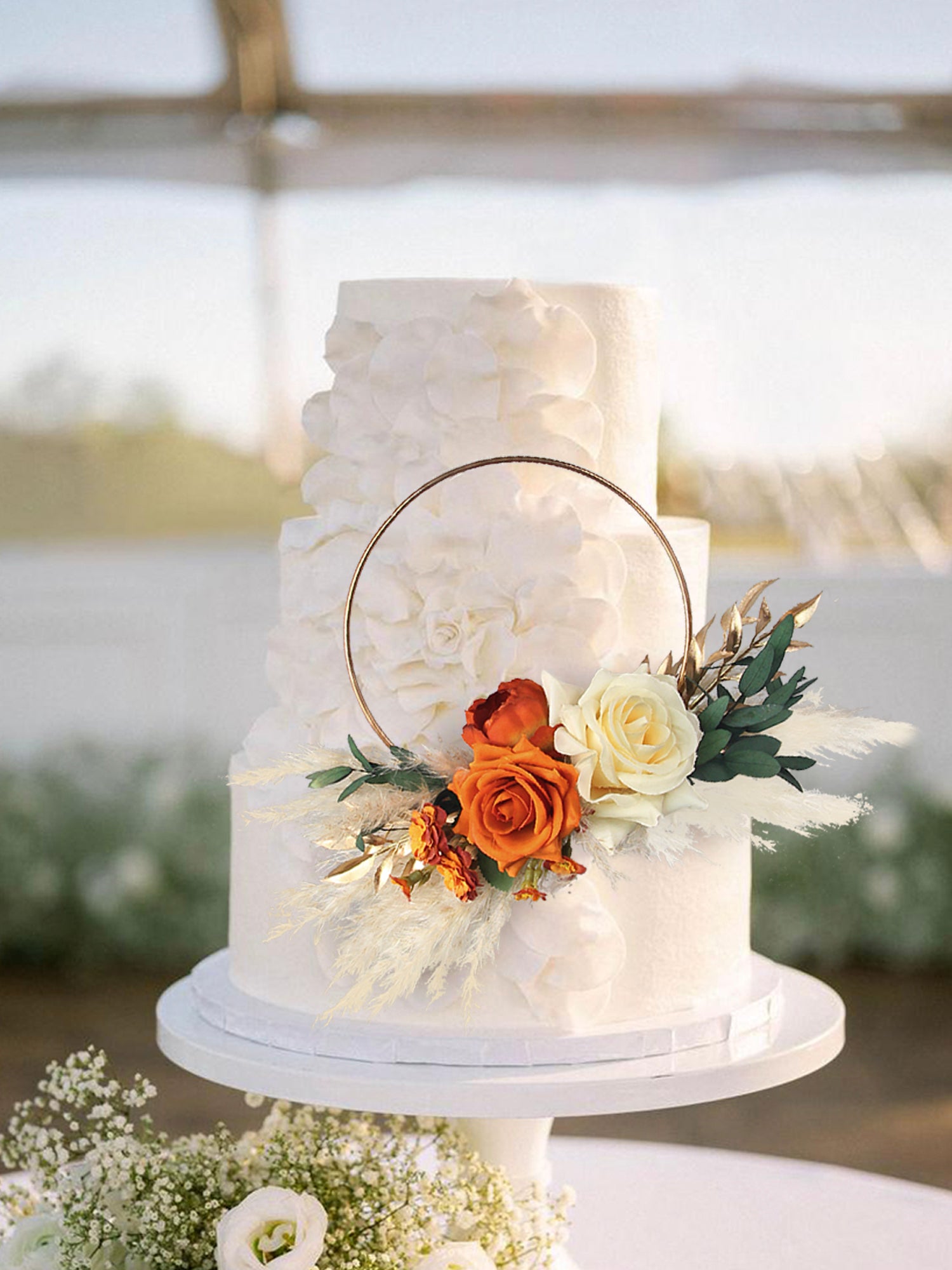 Terracotta & Cream White Floral Wreath Cake Topper - Rinlong Flower