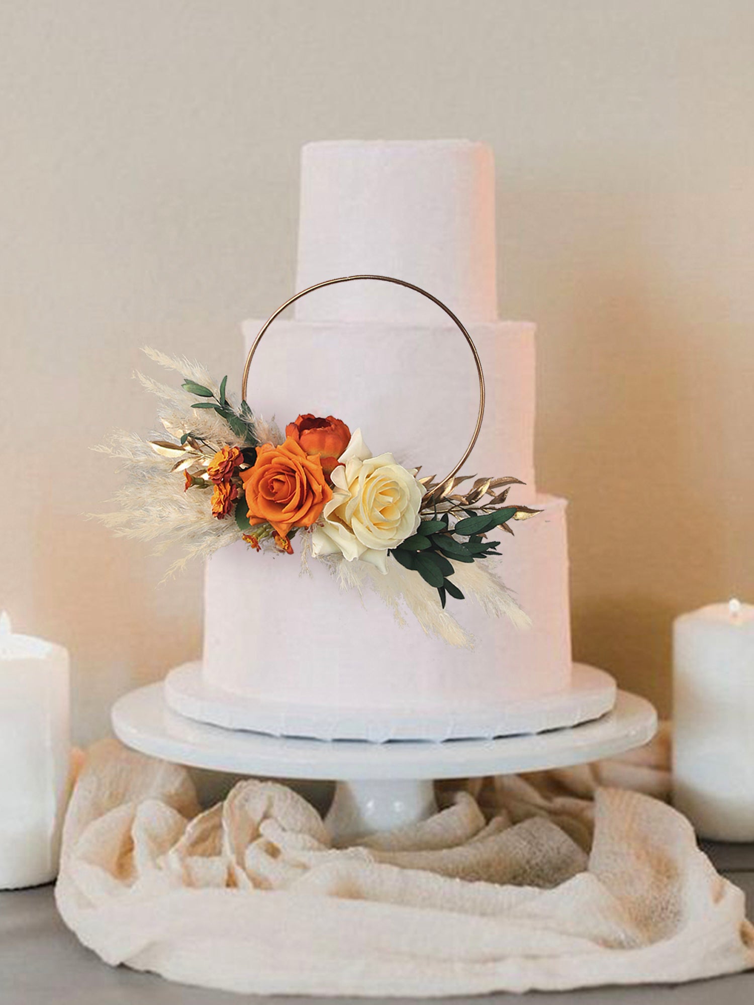 Terracotta & Cream White Floral Wreath Cake Topper