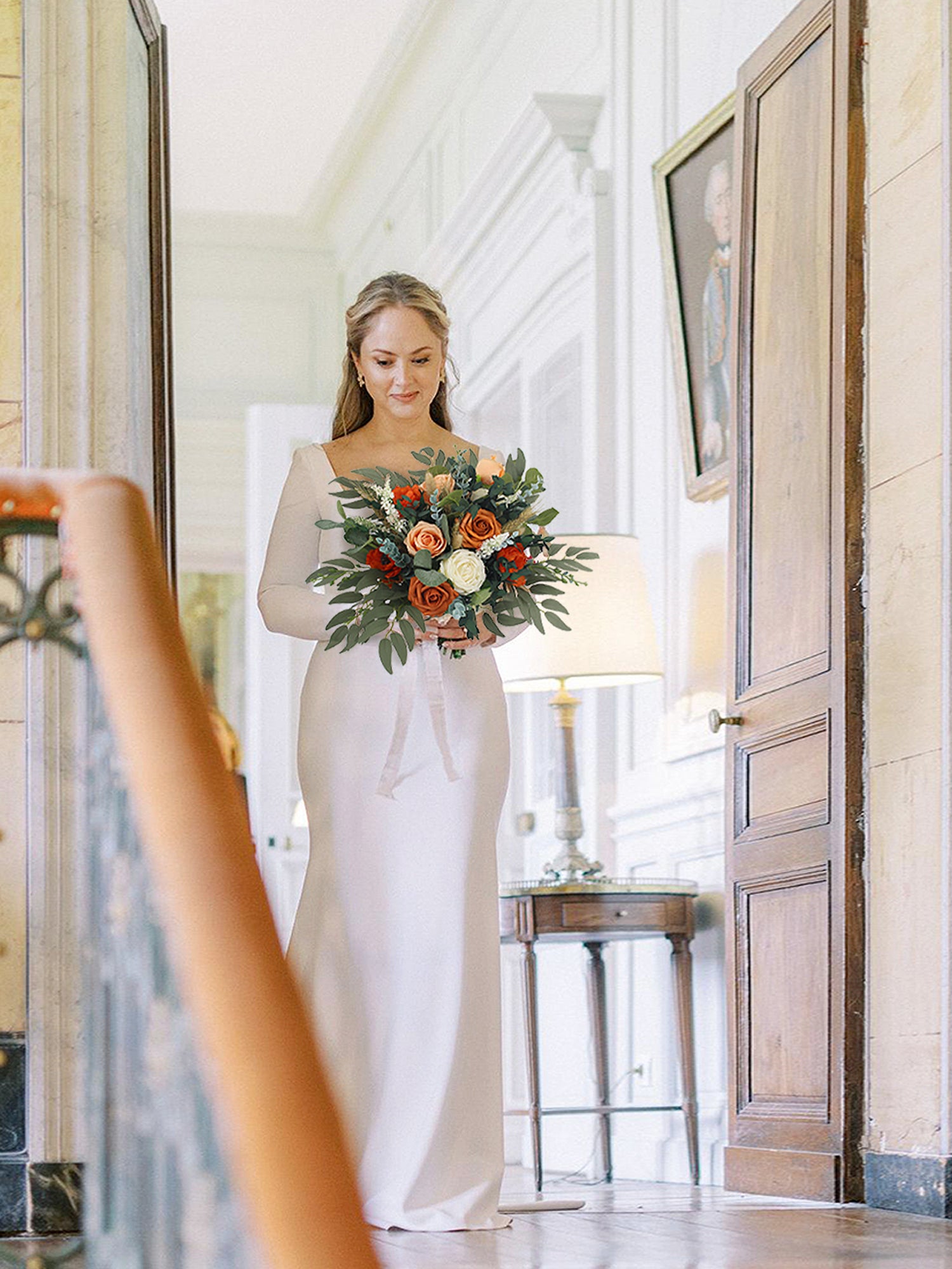 15.7 inch wide Burnt Orange Bridal Bouquet - Rinlong Flower