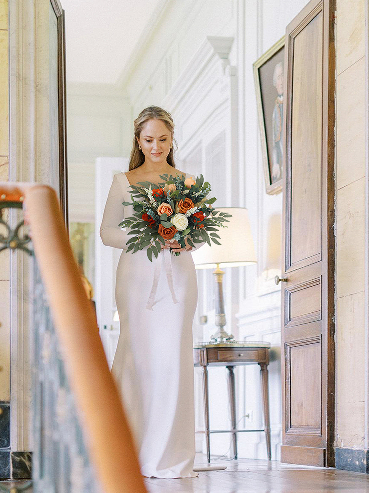 15.7 inch wide Burnt Orange Bridal Bouquet - Rinlong Flower