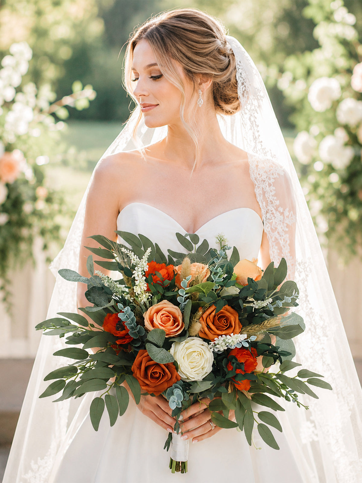 15.7 inch wide Burnt Orange Bridal Bouquet - Rinlong Flower