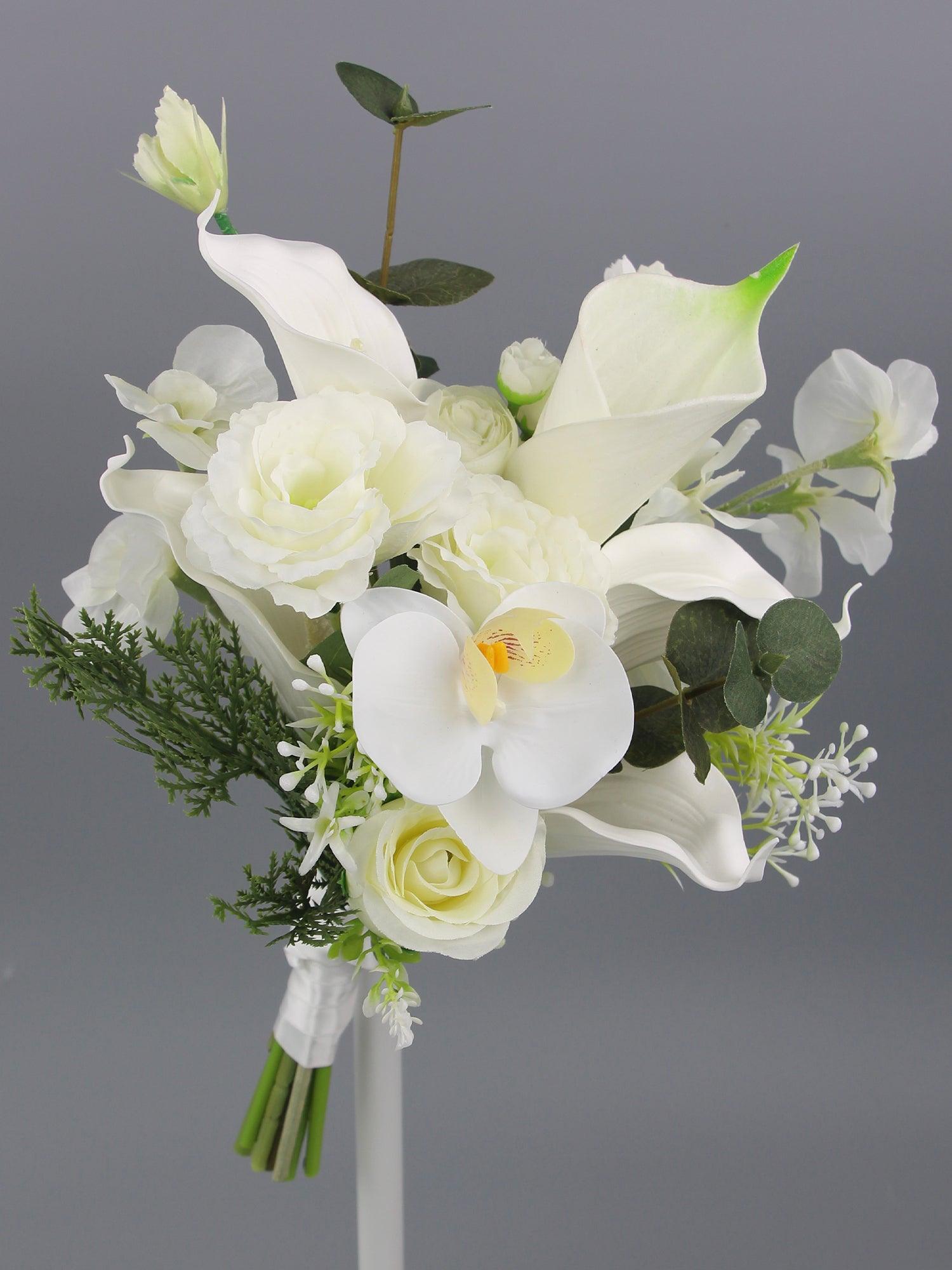 9.8 inch wide White Rose & Orchid Bridal Bouquet - Rinlong Flower