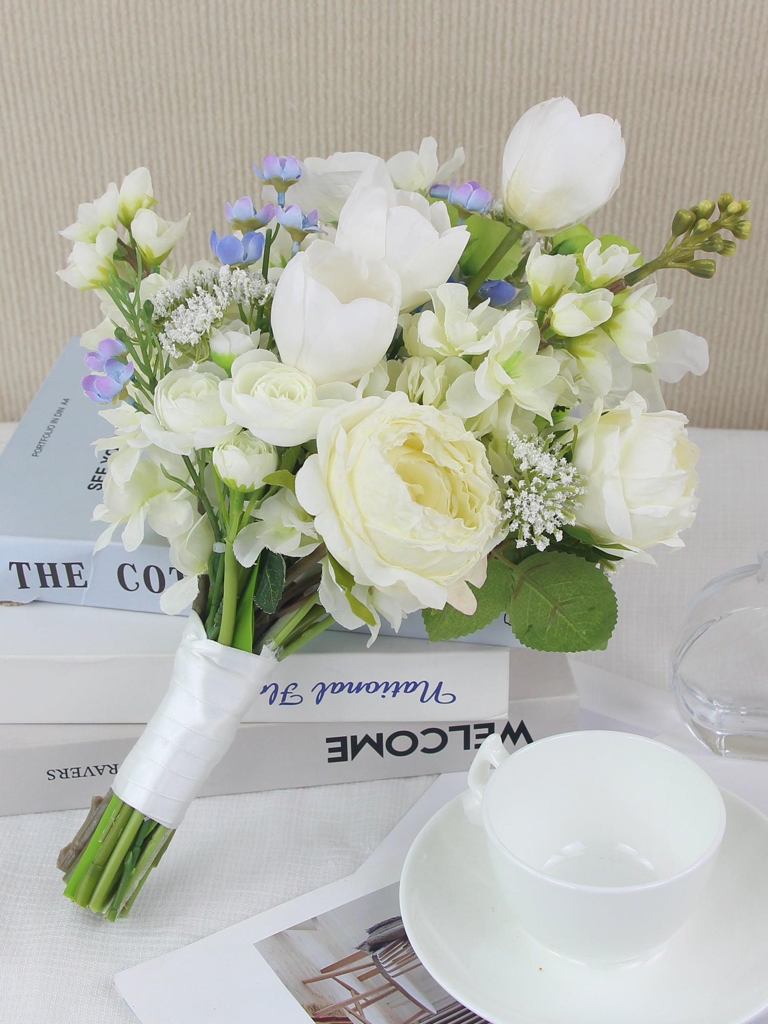 11 inch wide White & Blue Bridal Bouquet - Rinlong Flower