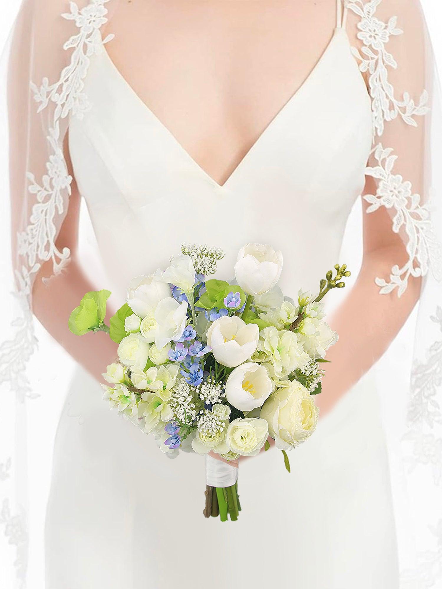 11 inch wide White & Blue Bridal Bouquet