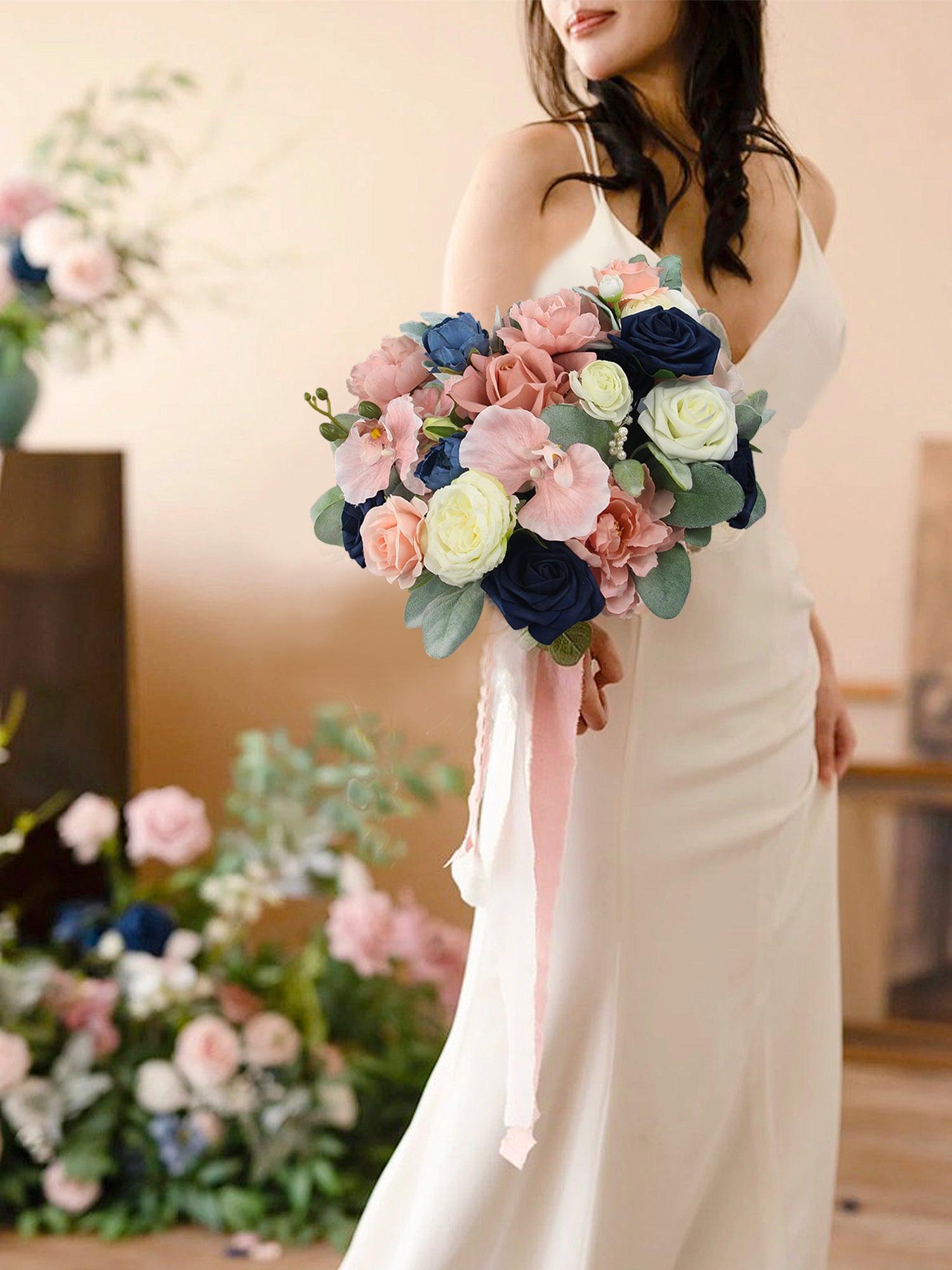 12.2 inch wide Dusty Rose & Navy Blue Bridal Bouquet