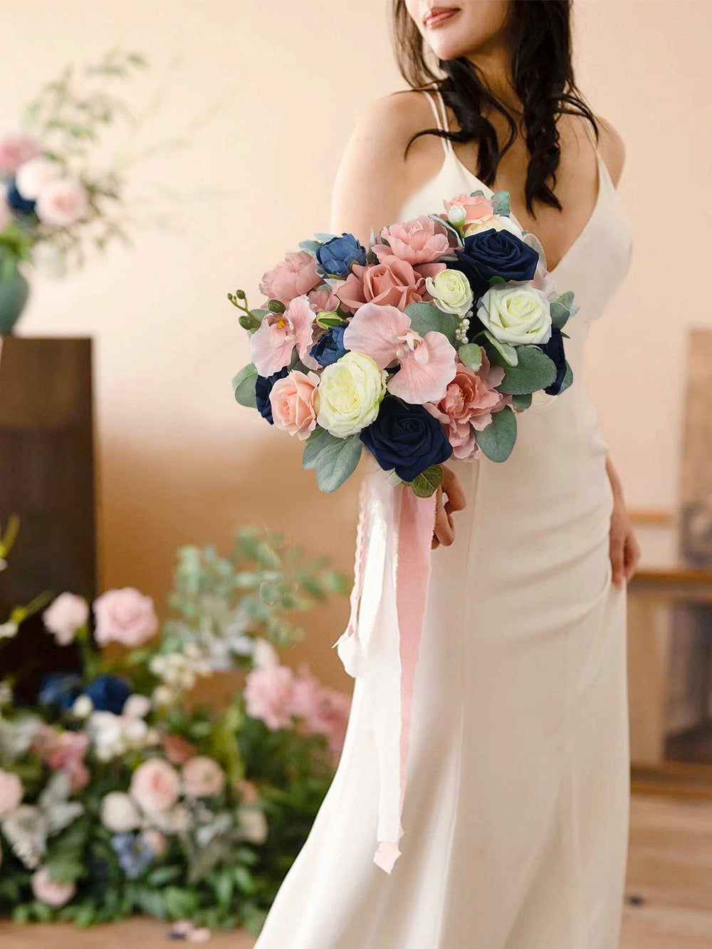 12.2 inch wide Dusty Rose & Navy Blue Bridal Bouquet - Rinlong Flower