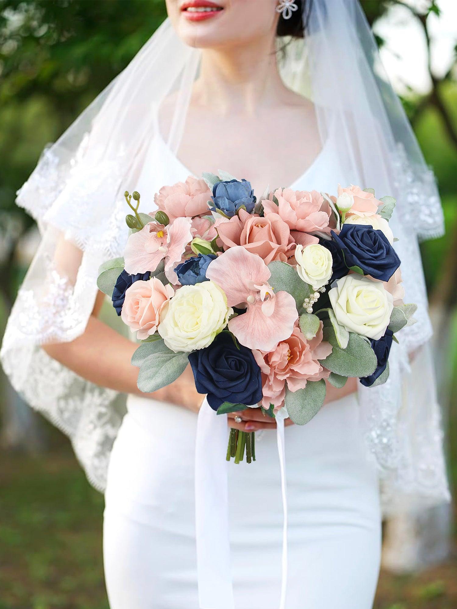 12.2 inch wide Dusty Rose & Navy Blue Bridal Bouquet