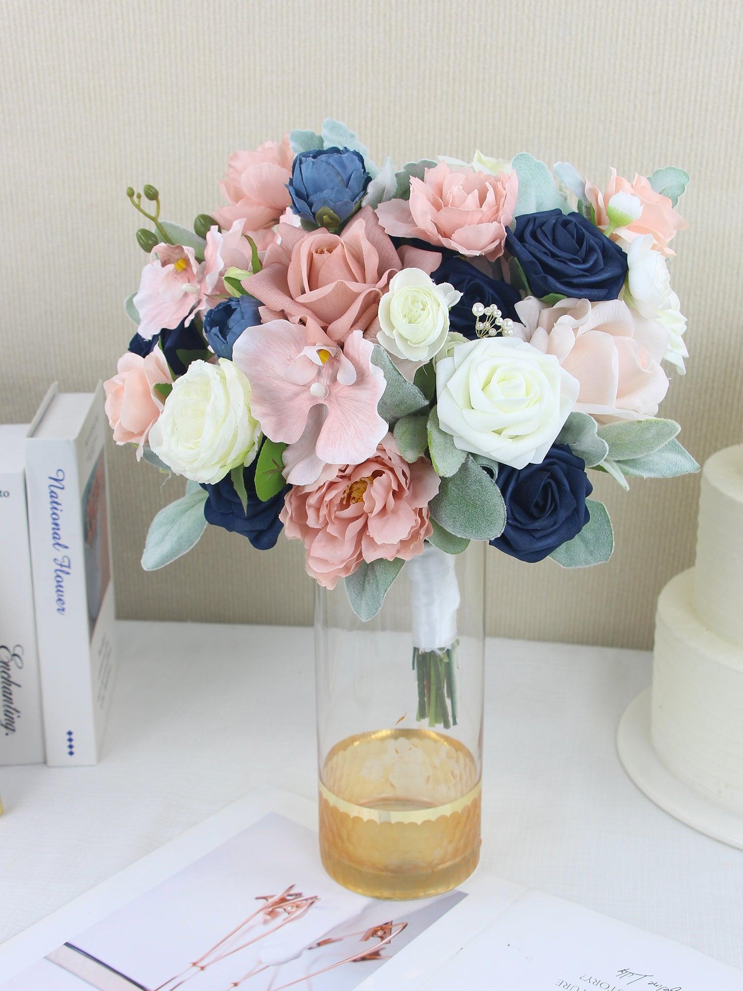 12.2 inch wide Dusty Rose & Navy Blue Bridal Bouquet - Rinlong Flower