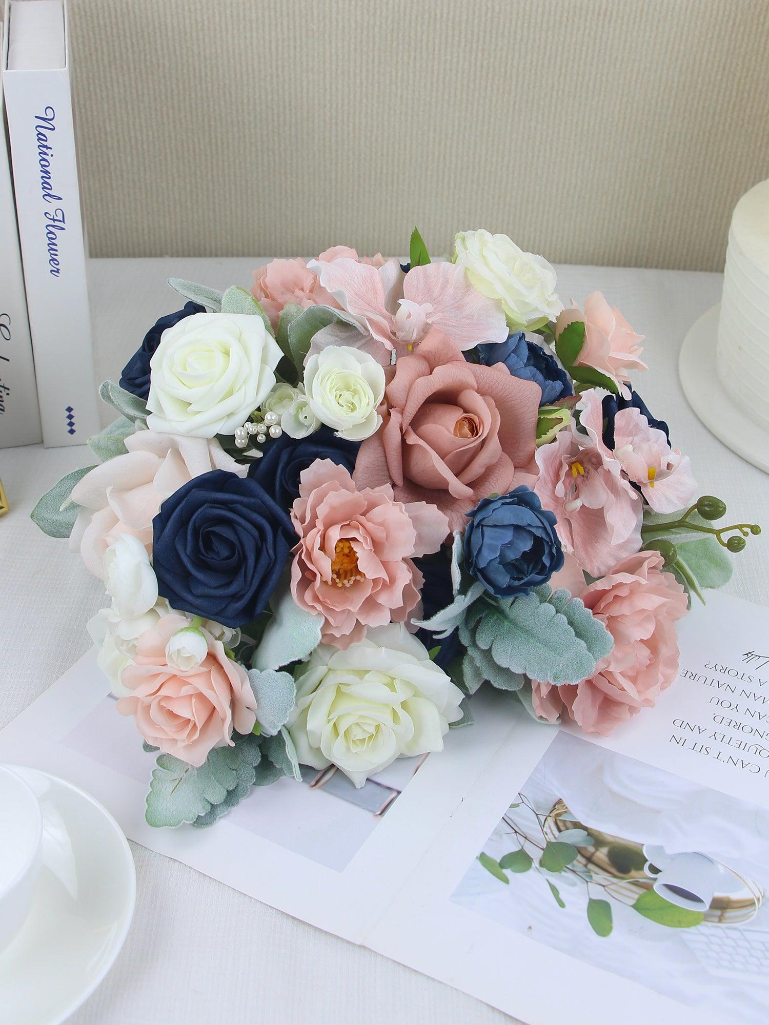 12.2 inch wide Dusty Rose & Navy Blue Bridal Bouquet - Rinlong Flower