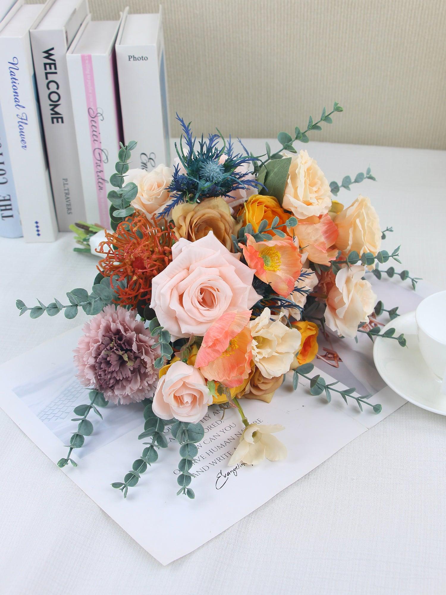 13.7 inch wide Apricot & Blue Bridal Bouquet - Rinlong Flower