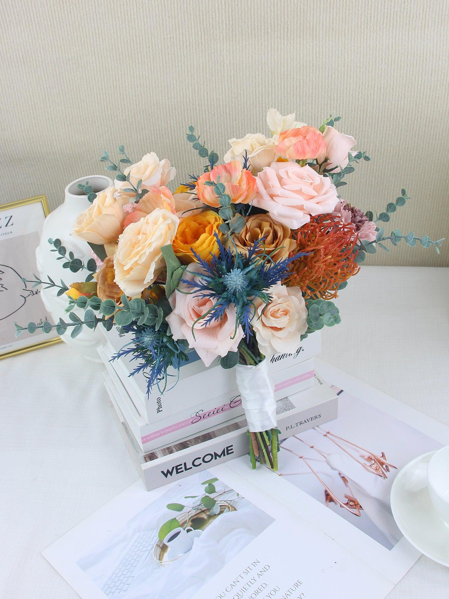 13.7 inch wide Apricot & Blue Bridal Bouquet - Rinlong Flower