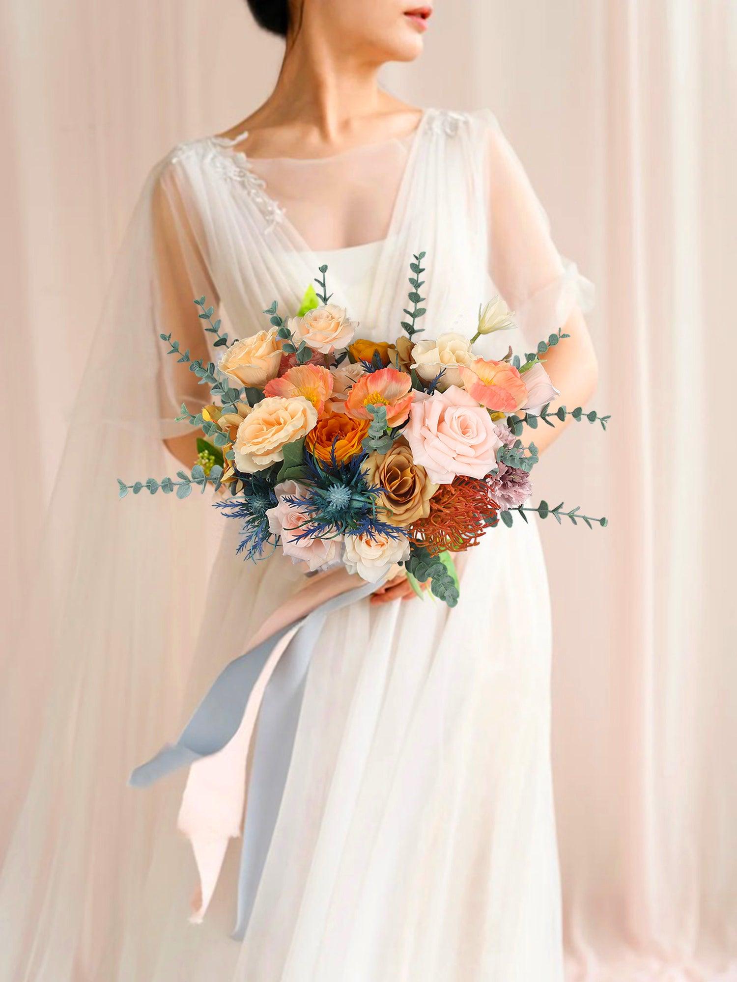 13.7 inch wide Apricot & Blue Bridal Bouquet - Rinlong Flower