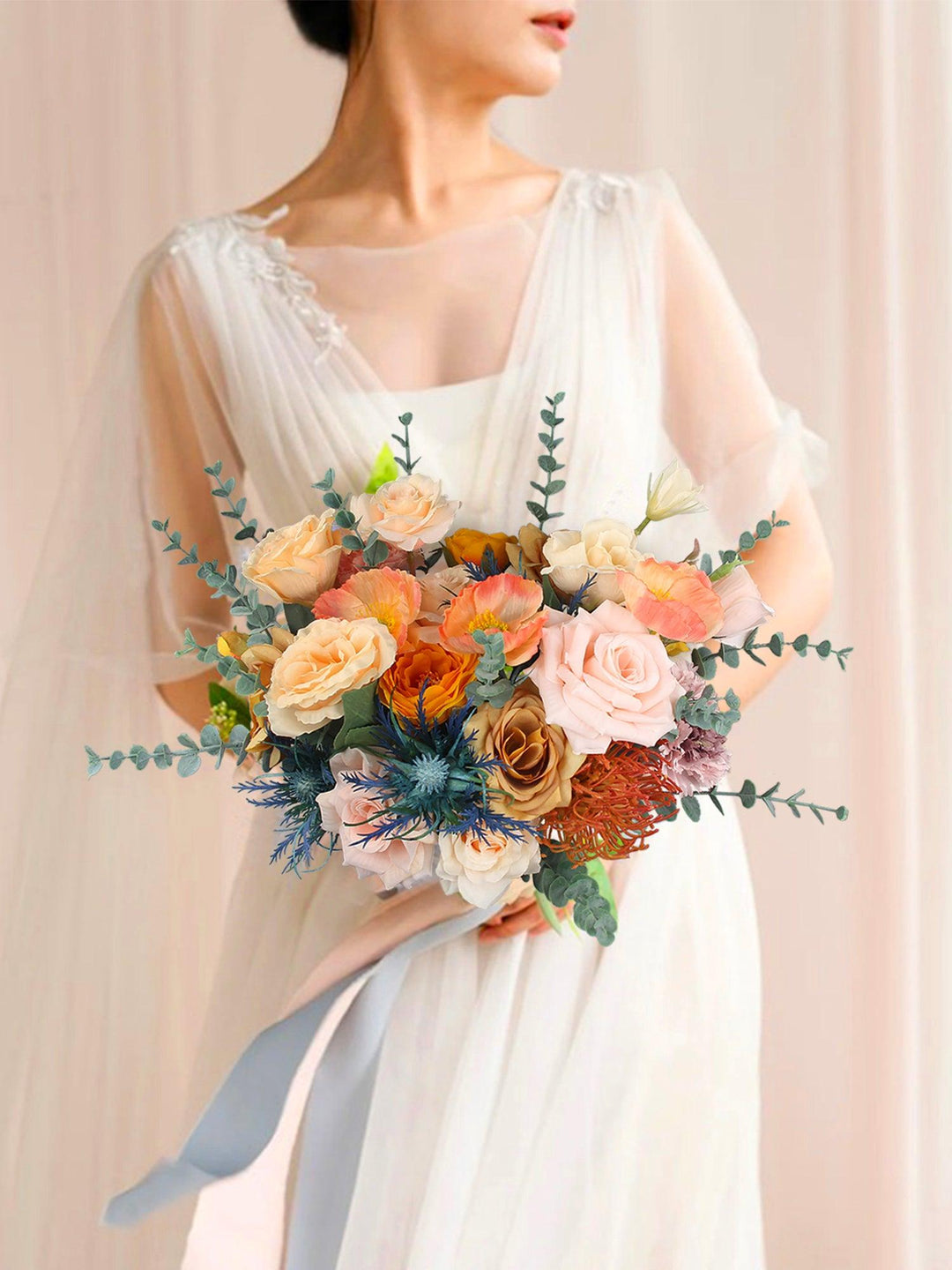 13.7 inch wide Apricot & Blue Bridal Bouquet - Rinlong Flower