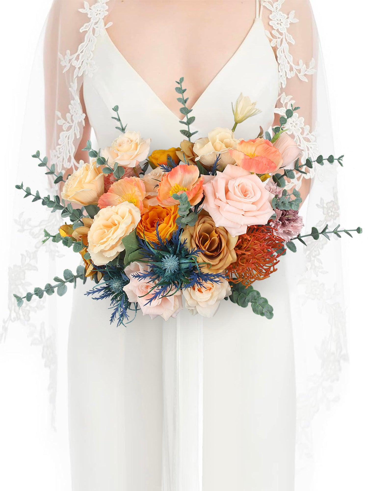 13.7 inch wide Apricot & Blue Bridal Bouquet - Rinlong Flower