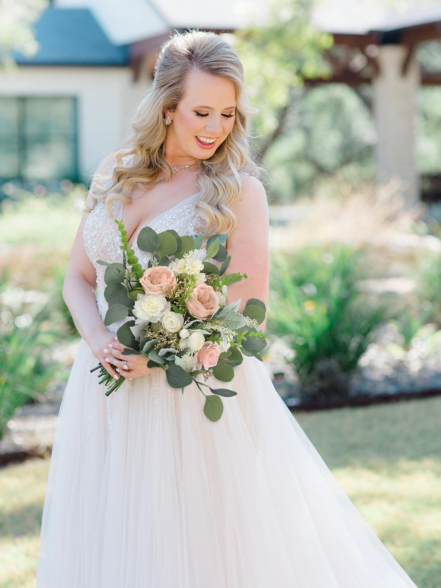 12.6 inch wide Blush Pink & White Bridal Bouquet - Rinlong Flower