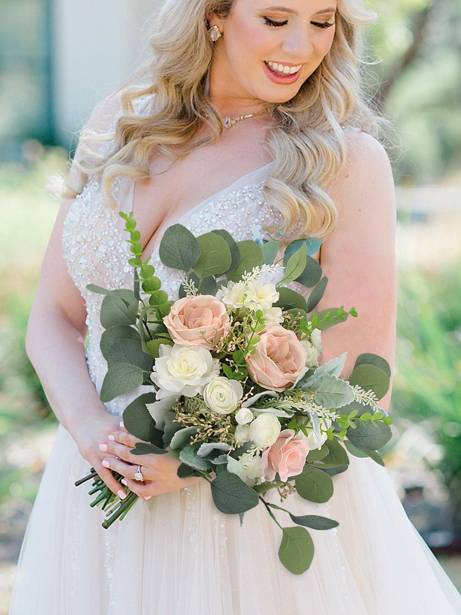 12.6 inch wide Blush Pink & White Bridal Bouquet - Rinlong Flower