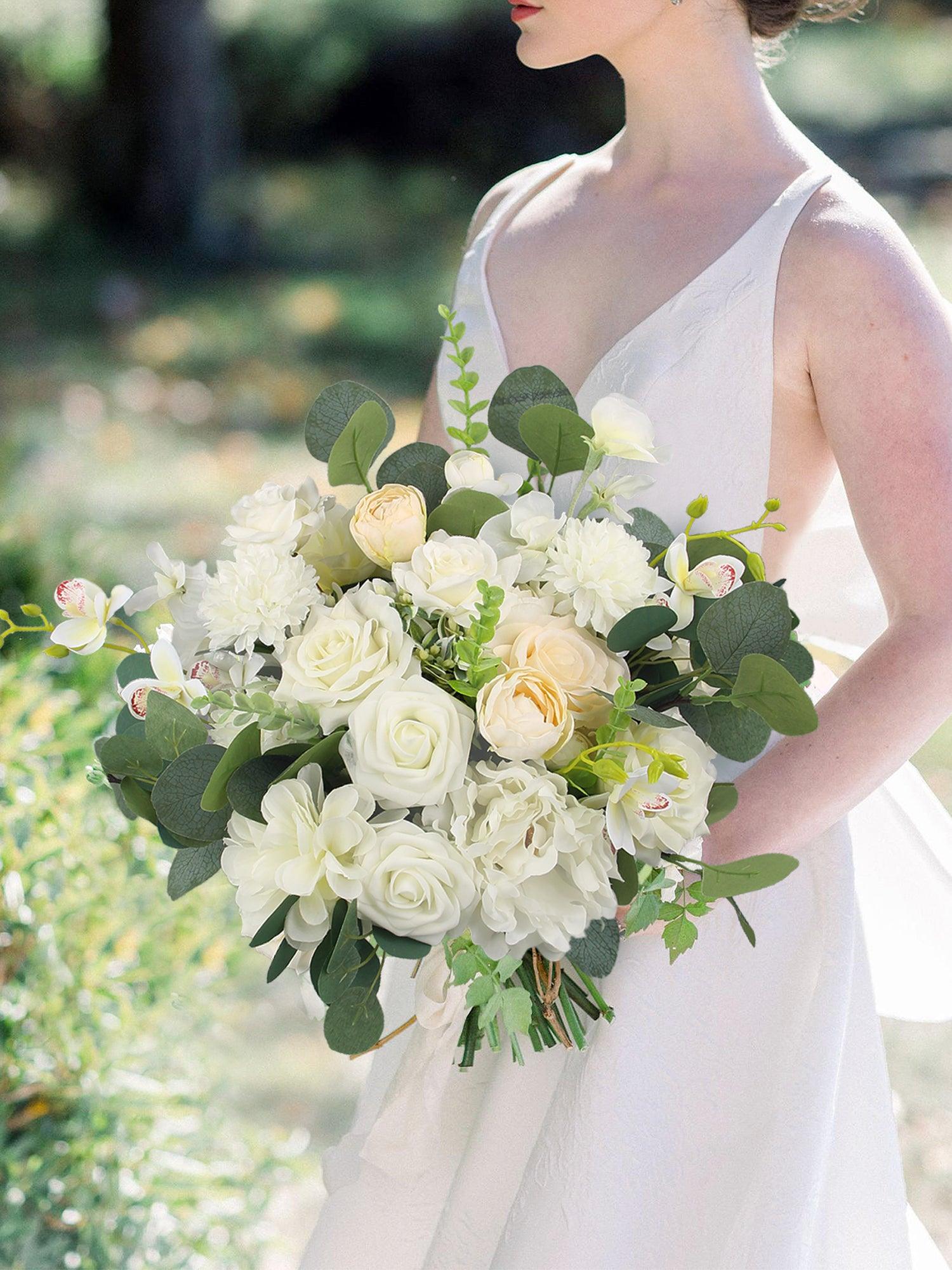 16.5 inch wide Sage Green & White Bridal Bouquet