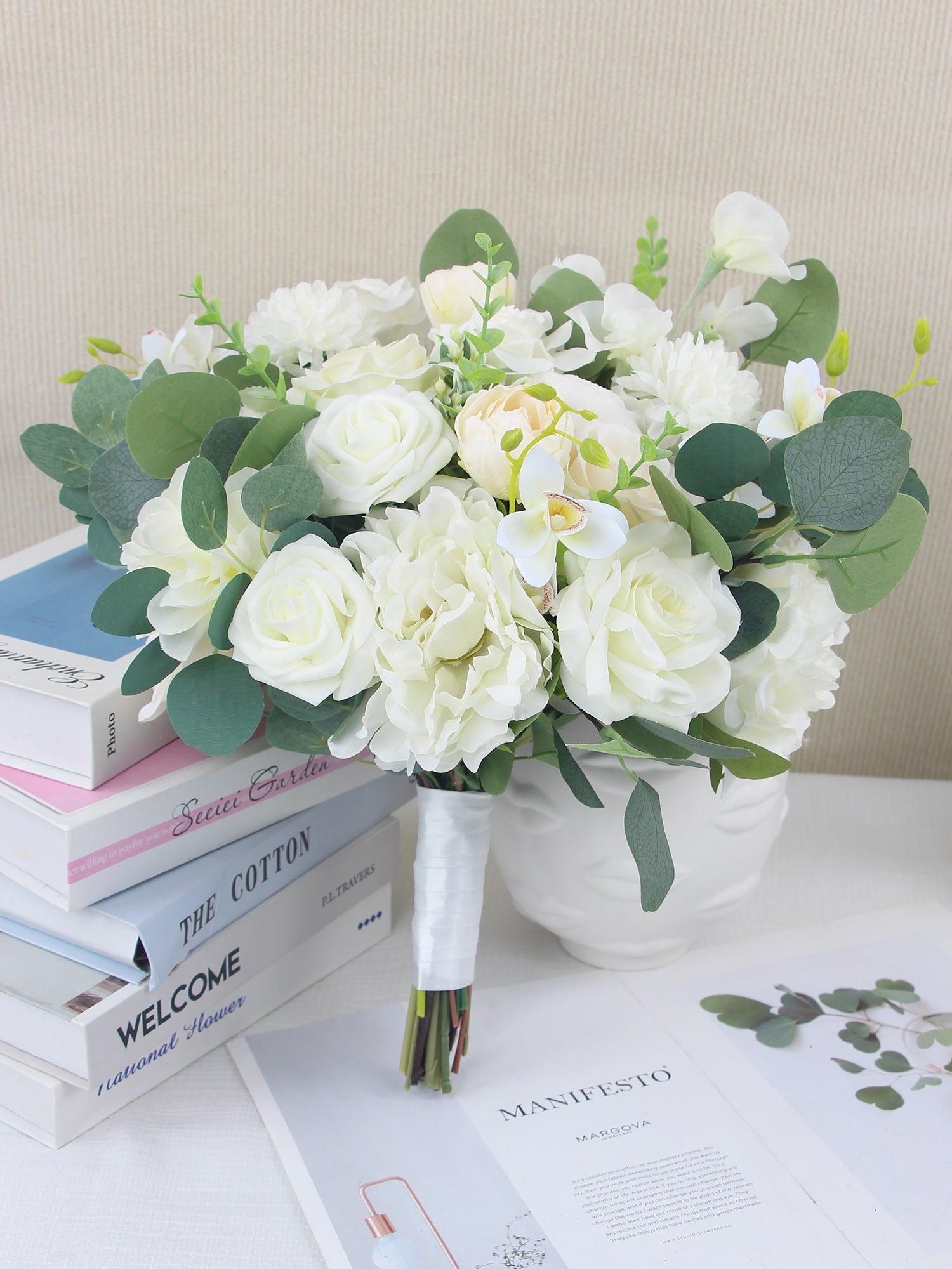 16.5 inch wide Sage Green & White Bridal Bouquet - Rinlong Flower