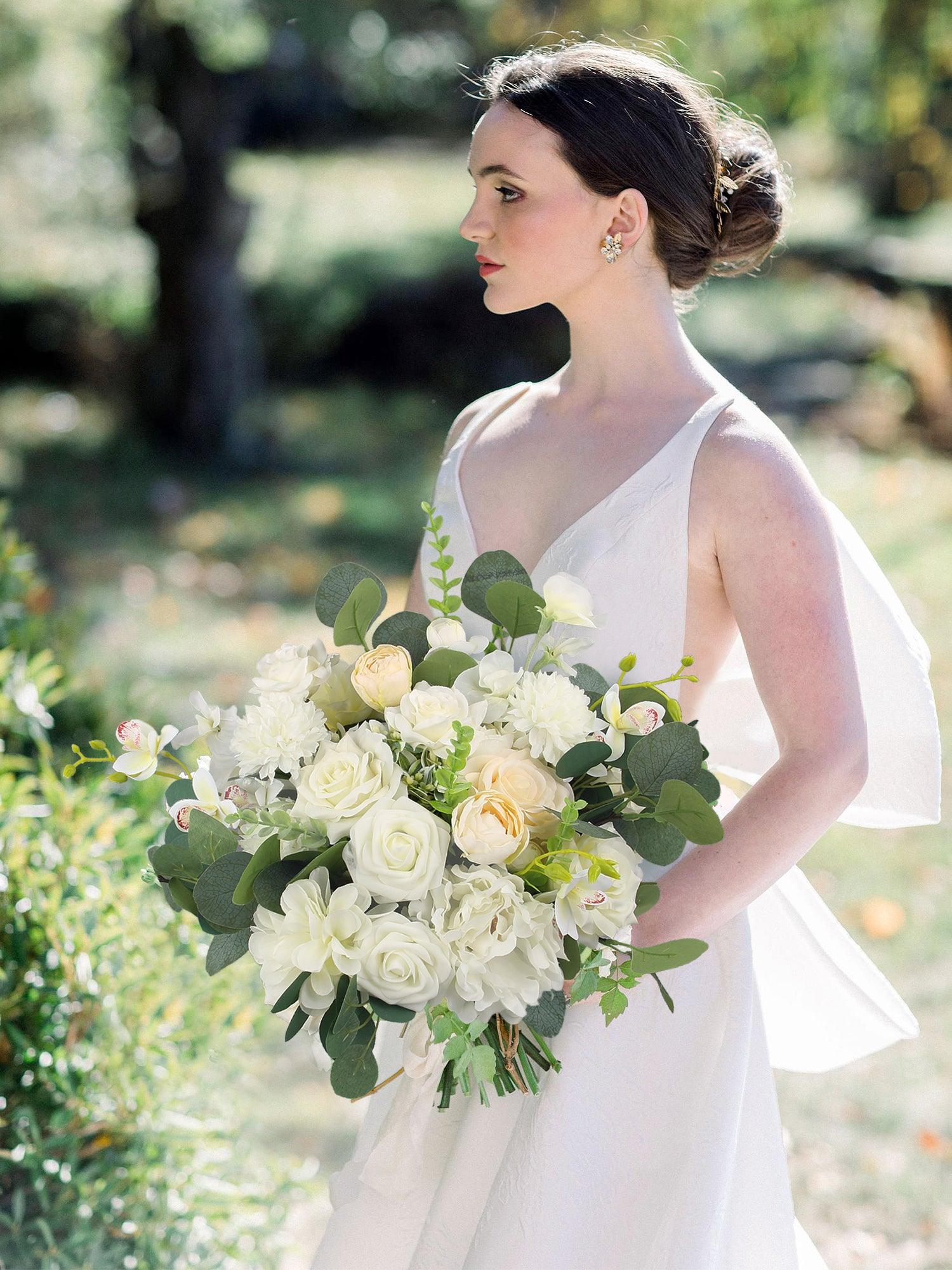 16.5 inch wide Sage Green & White Bridal Bouquet - Rinlong Flower