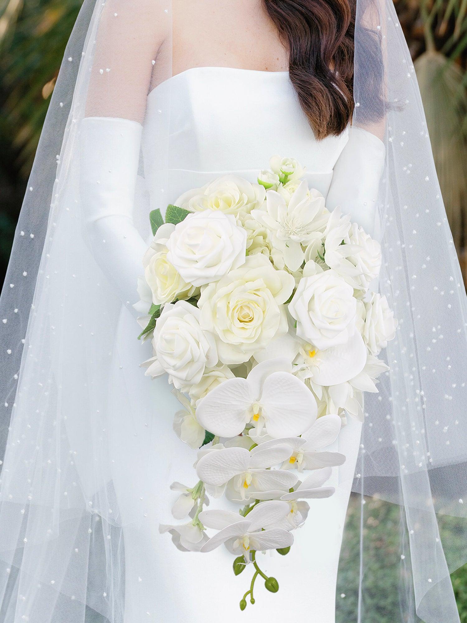 11 inch wide Pure White Cascading Bridal Bouquet - Rinlong Flower