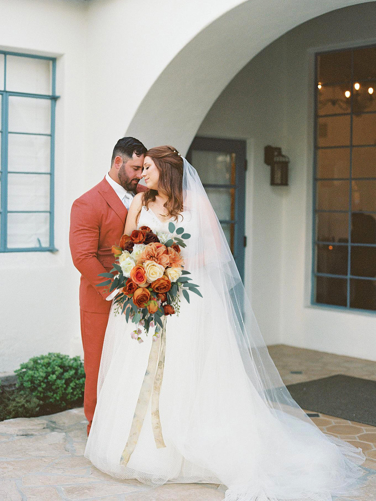 11.8 inch wide Burnt Orange Cascading Bridal Bouquet - Rinlong Flower