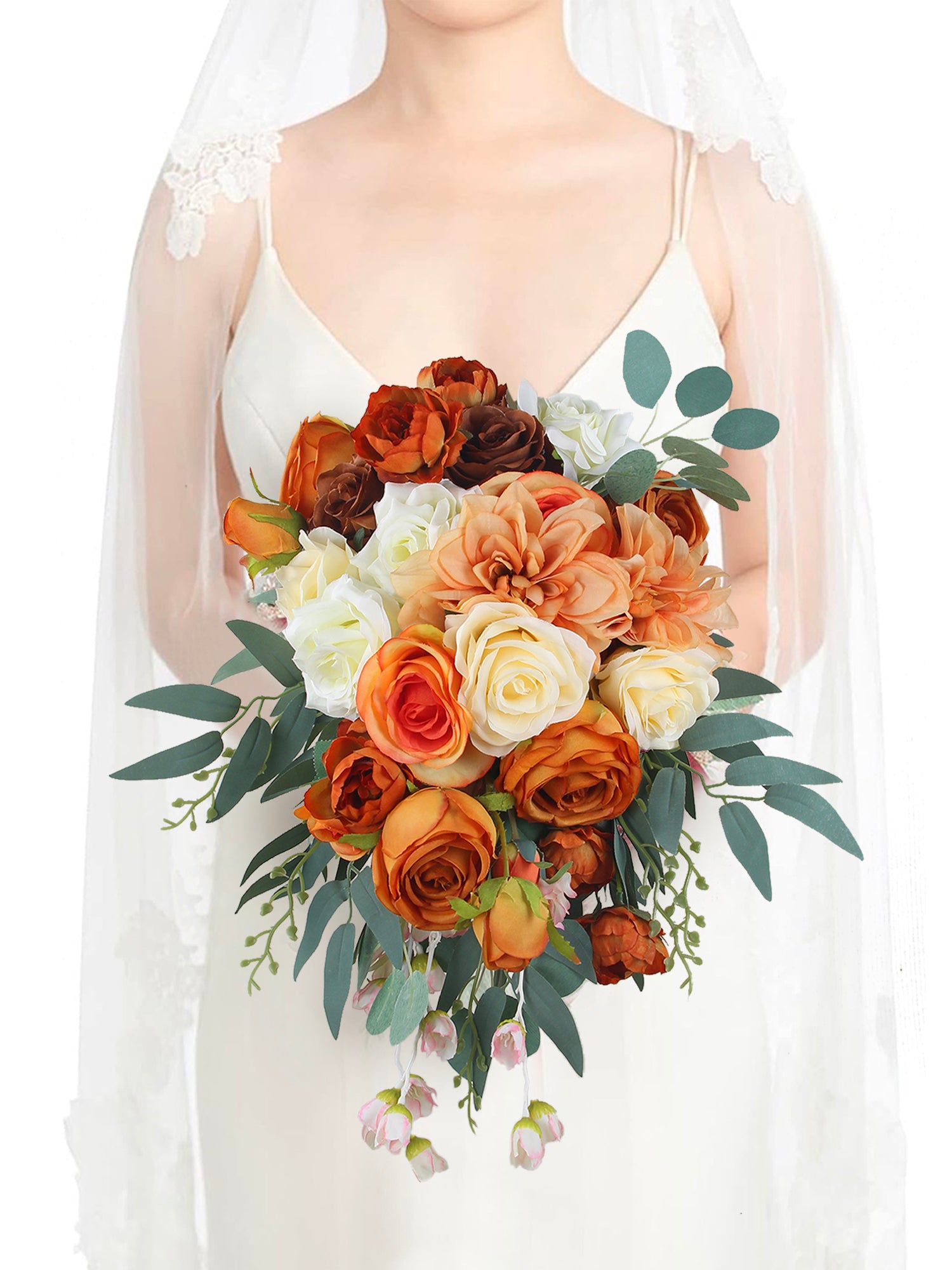 11.8 inch wide Burnt Orange Cascade Bridal Bouquet - Rinlong Flower