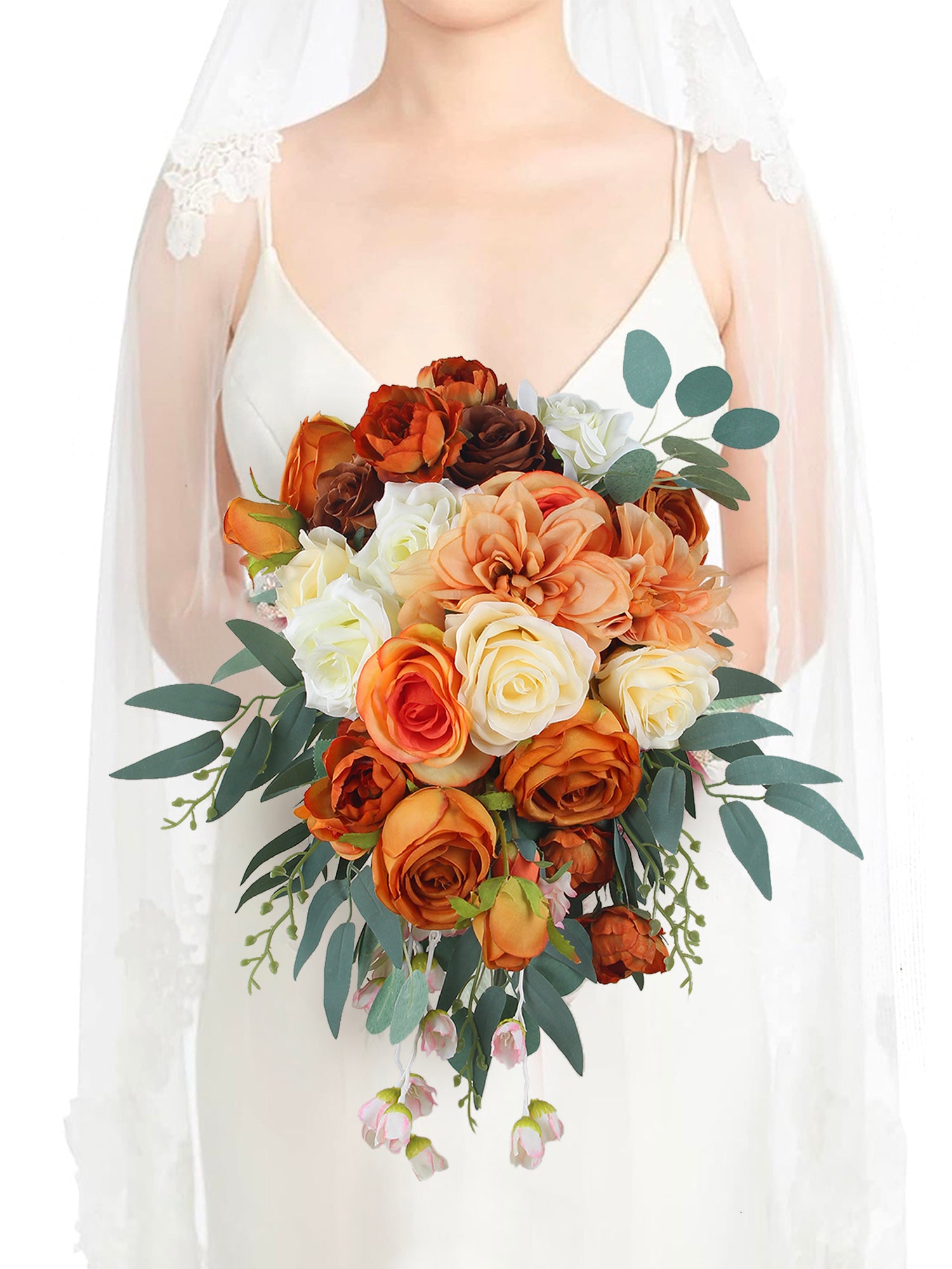 11.8 inch wide Burnt Orange Cascade Bridal Bouquet