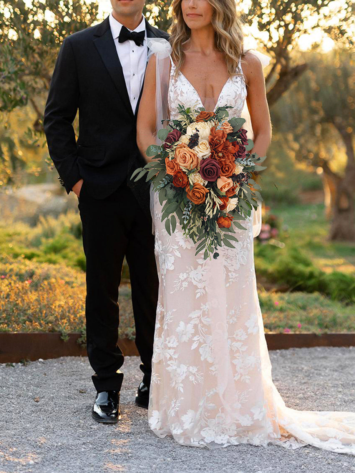 13.7 inch wide Terracotta Cascading Bridal Bouquet - Rinlong Flower