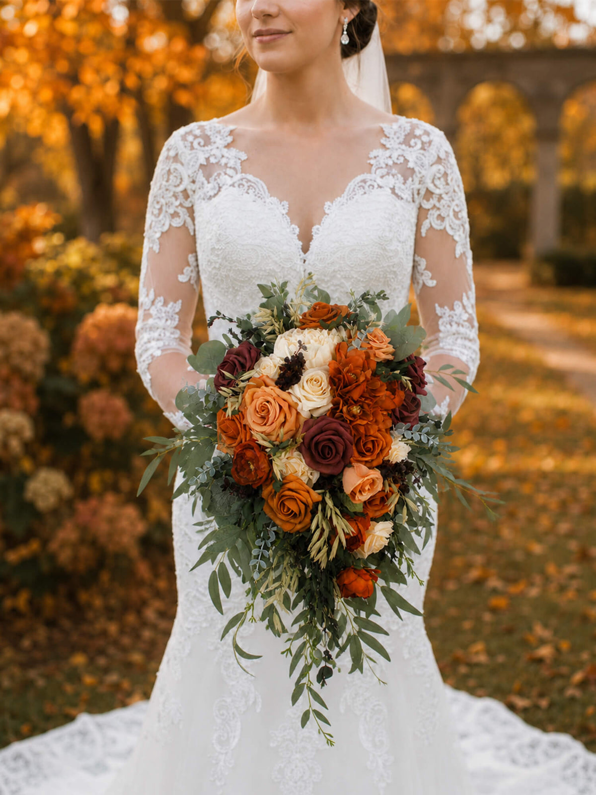 13.7 inch wide Terracotta Cascading Bridal Bouquet - Rinlong Flower