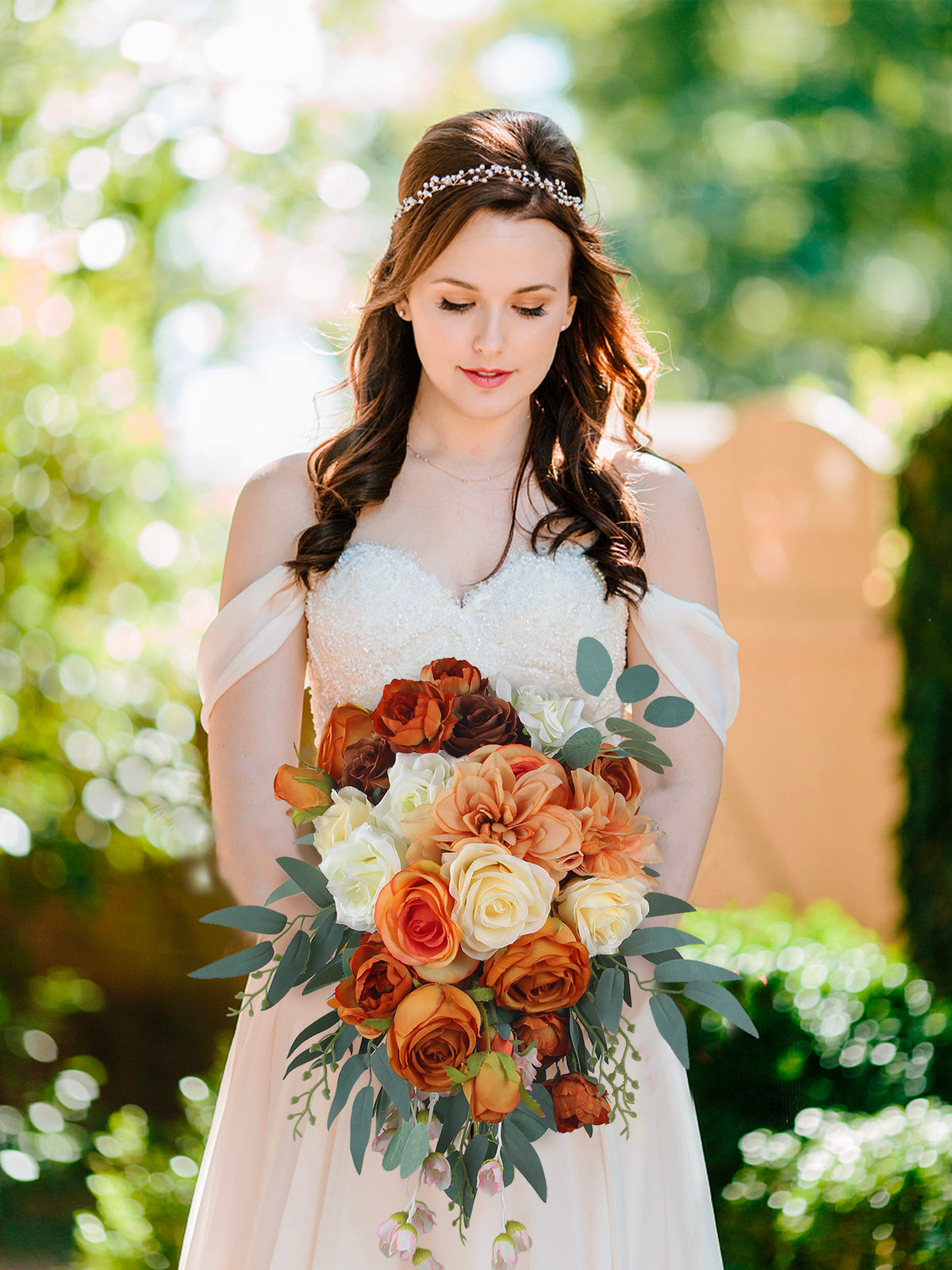 11.8 inch wide Burnt Orange Cascading Bridal Bouquet - Rinlong Flower