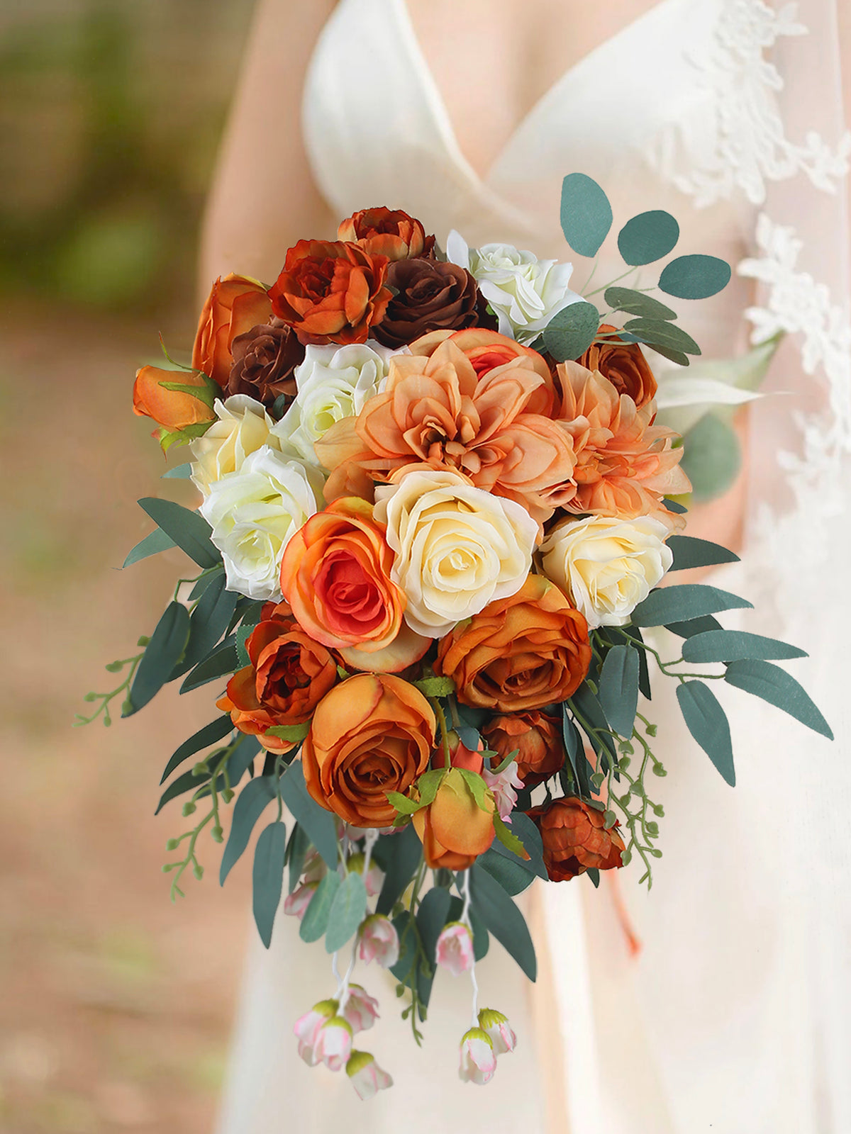 11.8 inch wide Burnt Orange Cascading Bridal Bouquet - Rinlong Flower