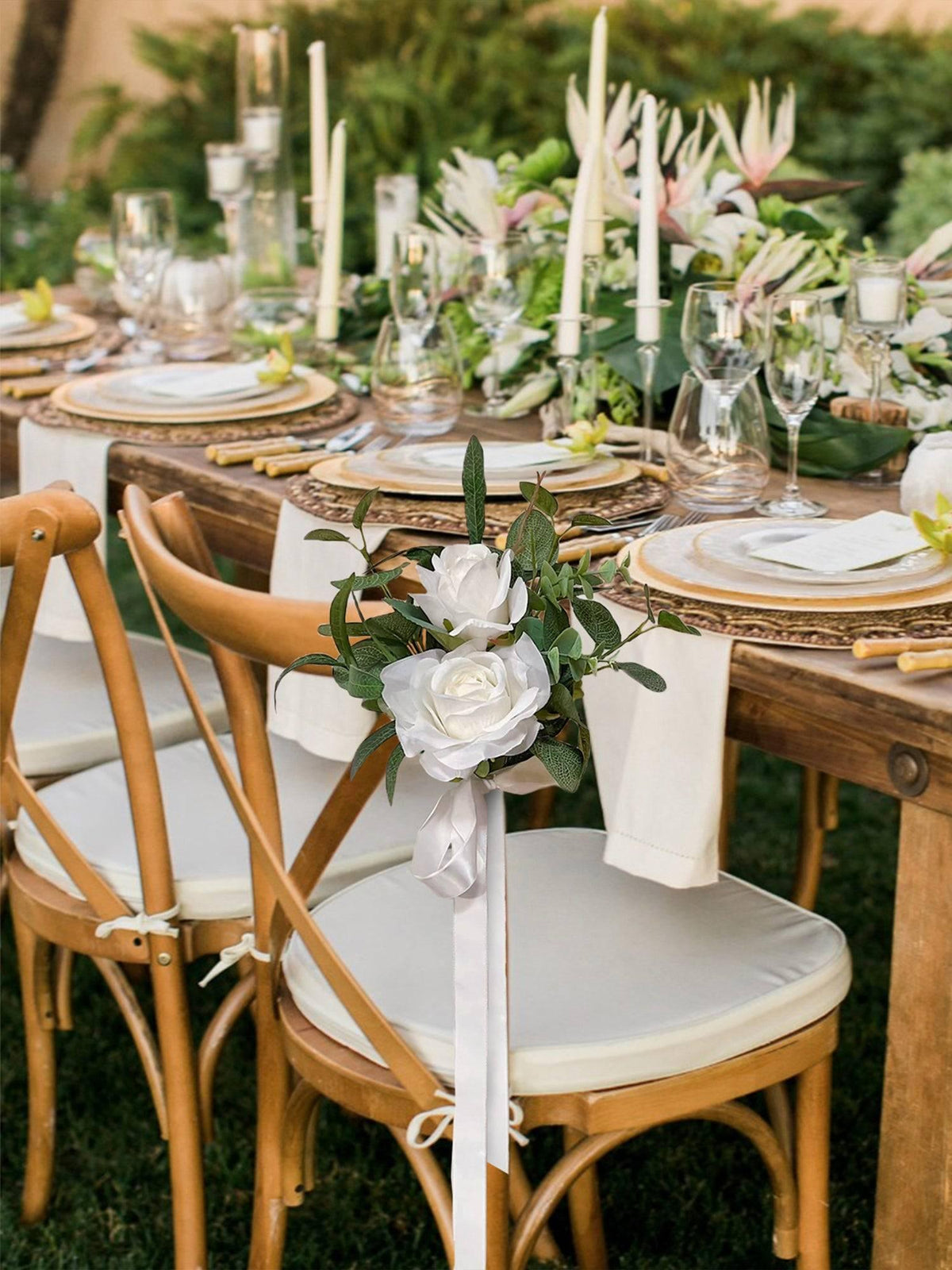 White Rose Olive Leaves Chair Decor - Rinlong Flower