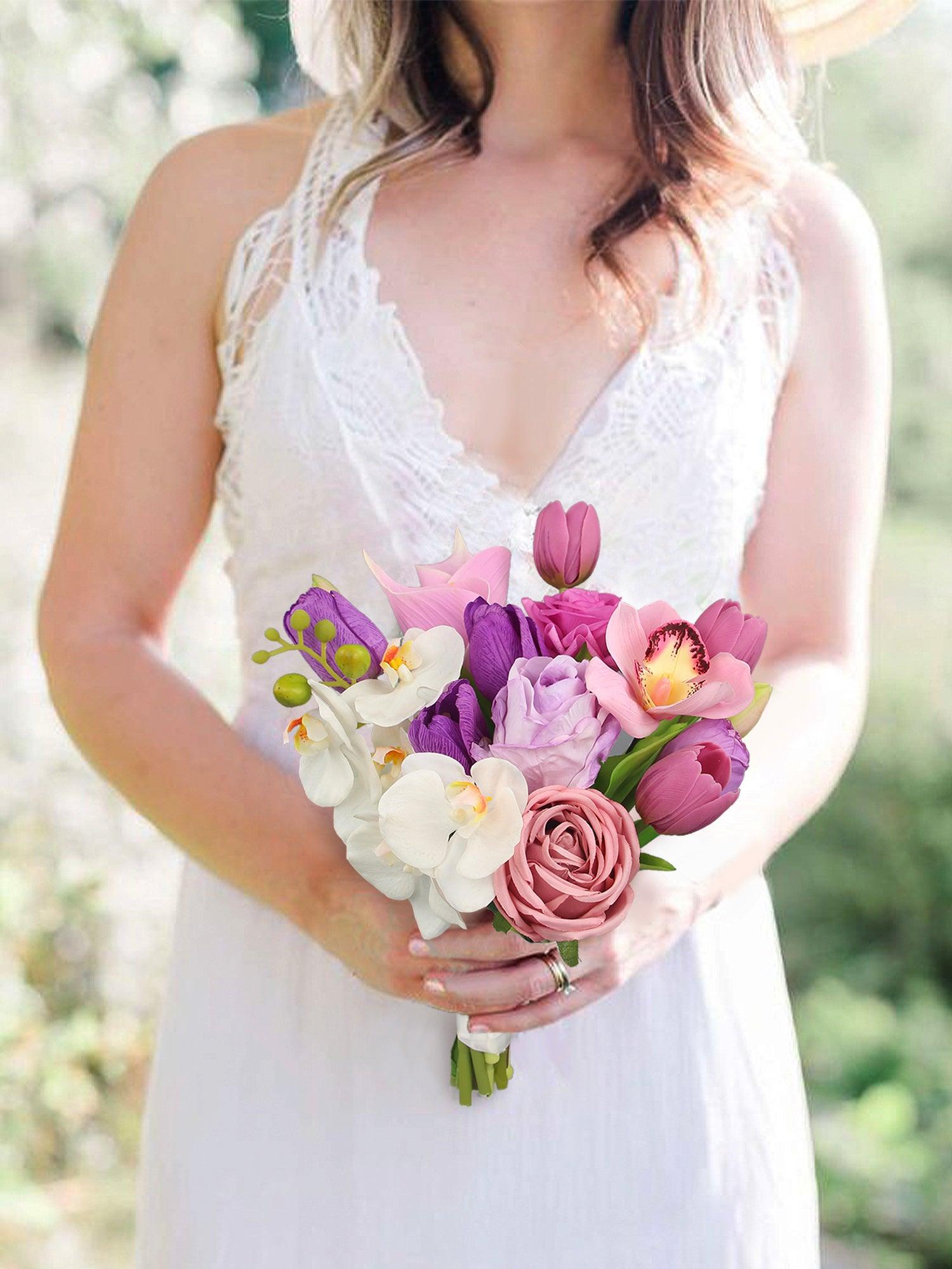 9.8 inch wide Pink & Purple Bridal Bouquet - Rinlong Flower