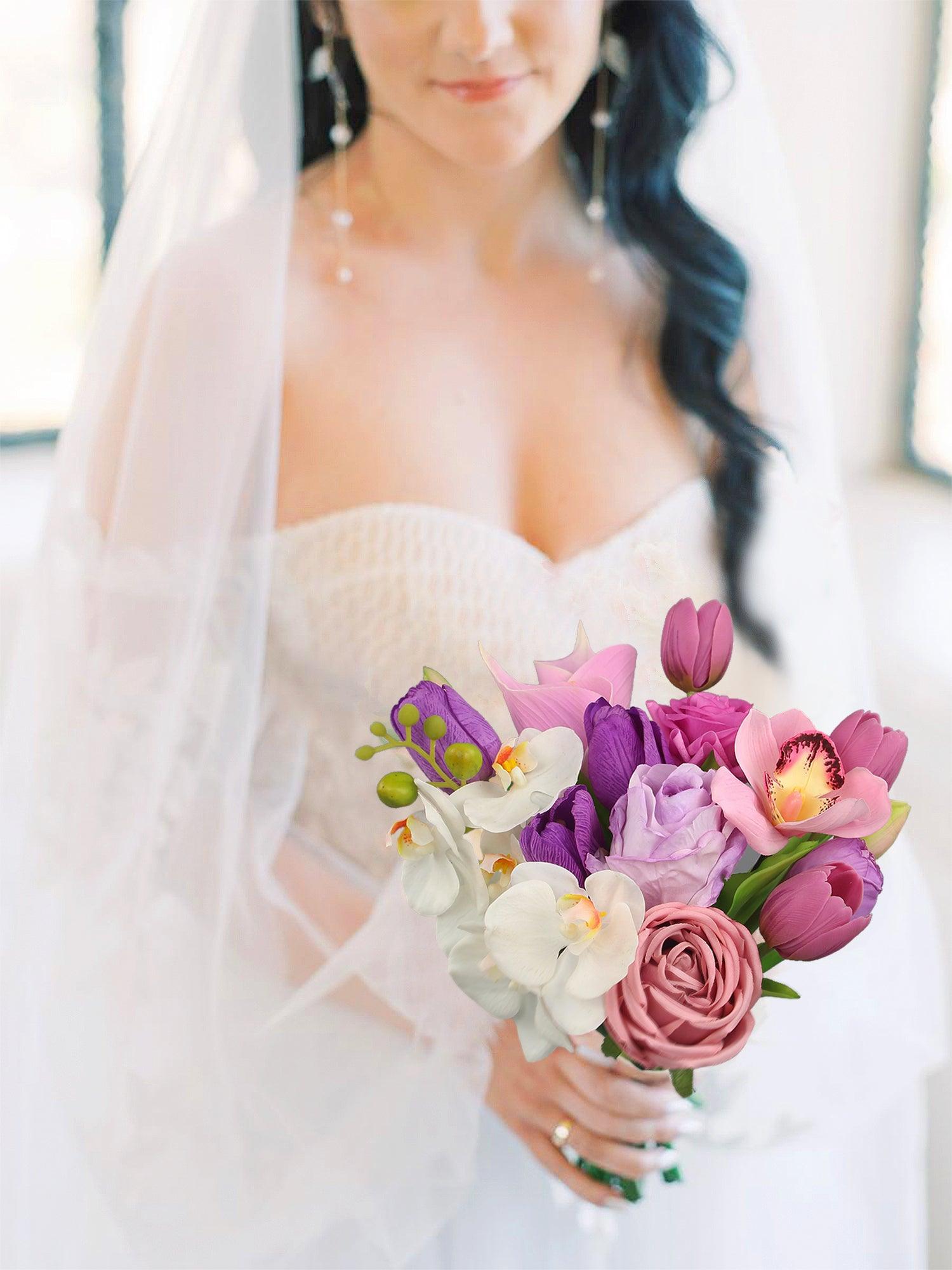 9.8 inch wide Pink & Purple Bridal Bouquet - Rinlong Flower