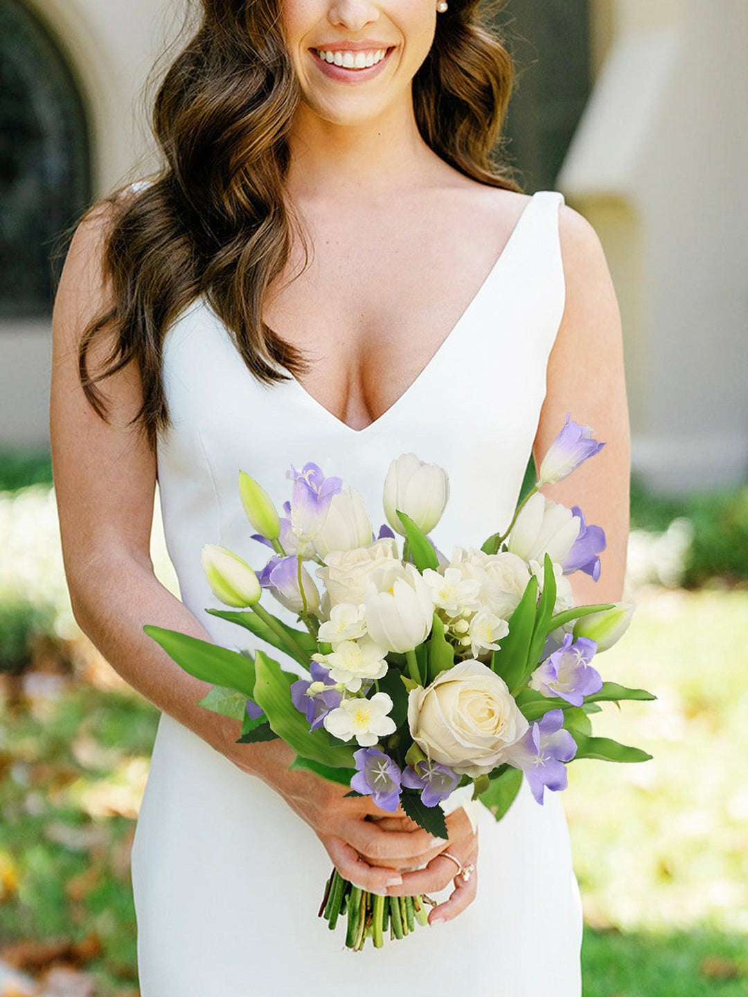 10.3 inch wide Lilac & White Bridal Bouquet - Rinlong Flower
