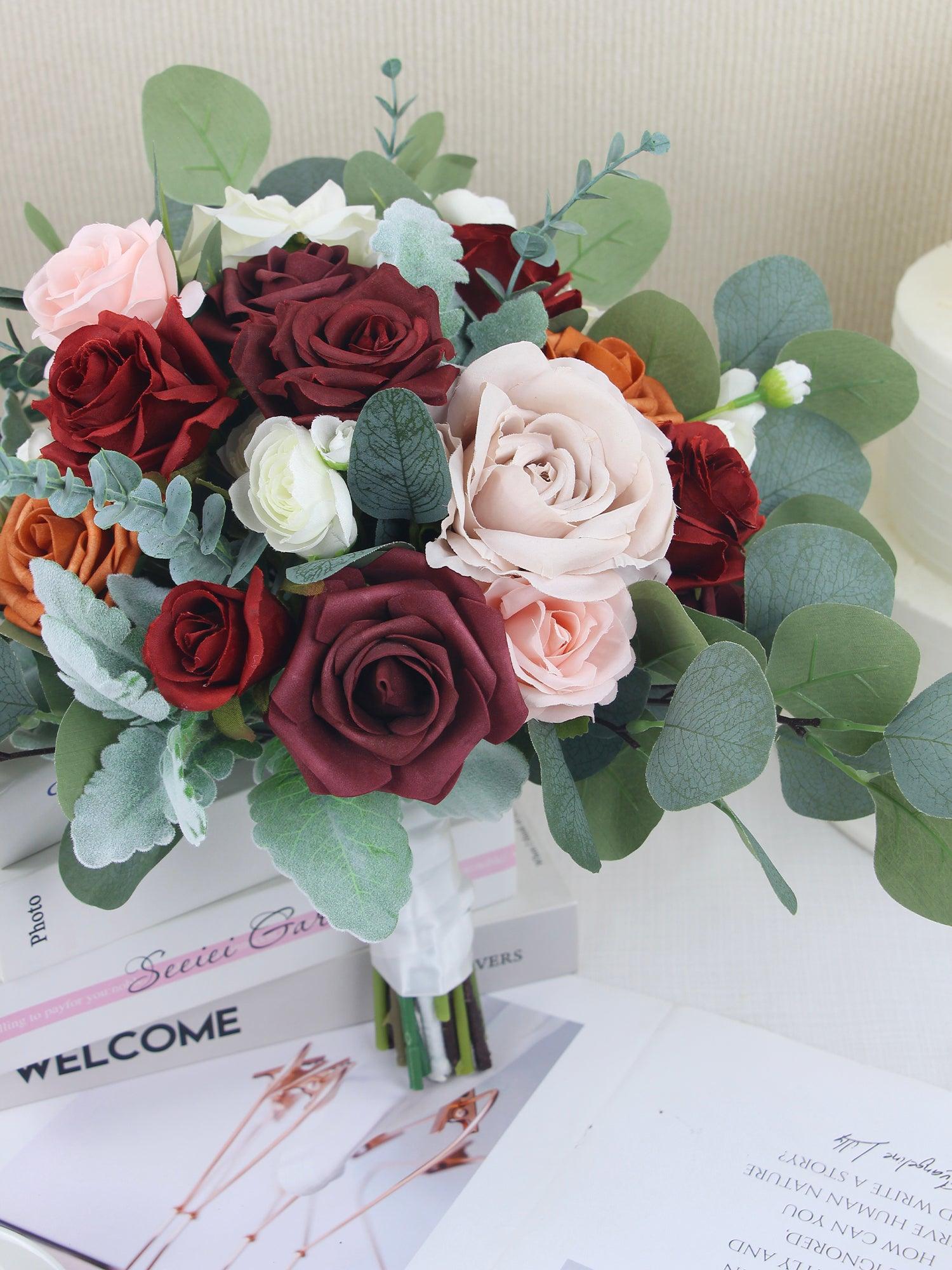 13.7 inch wide Burgundy & Burnt Orange Bridal Bouquet - Rinlong Flower