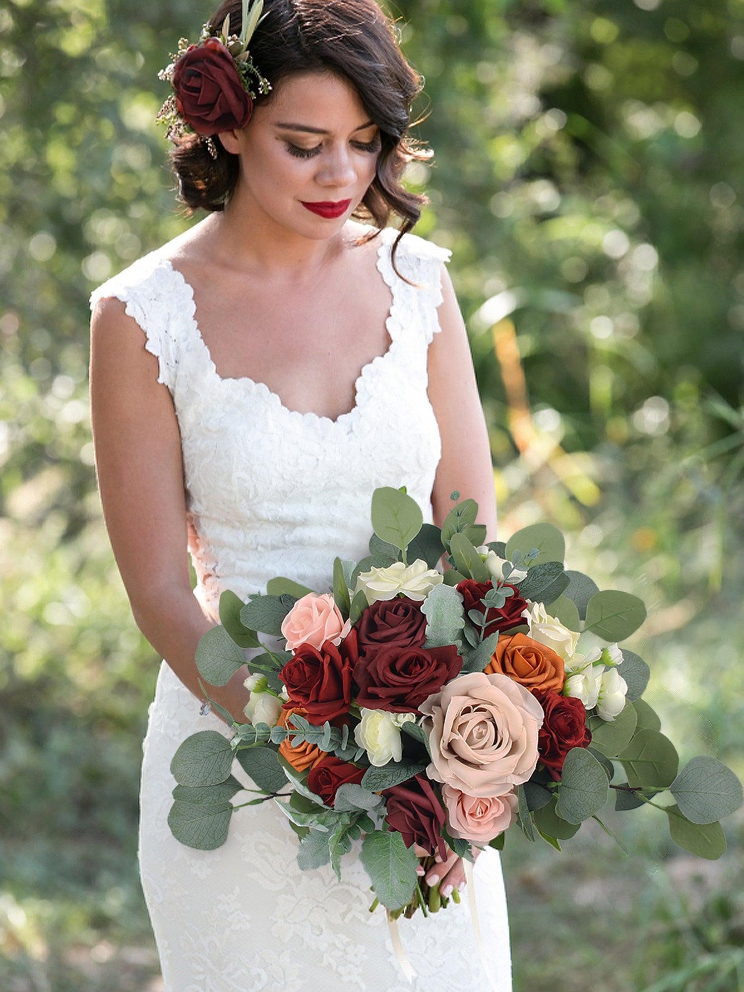 13.7 inch wide Burgundy & Burnt Orange Bridal Bouquet - Rinlong Flower