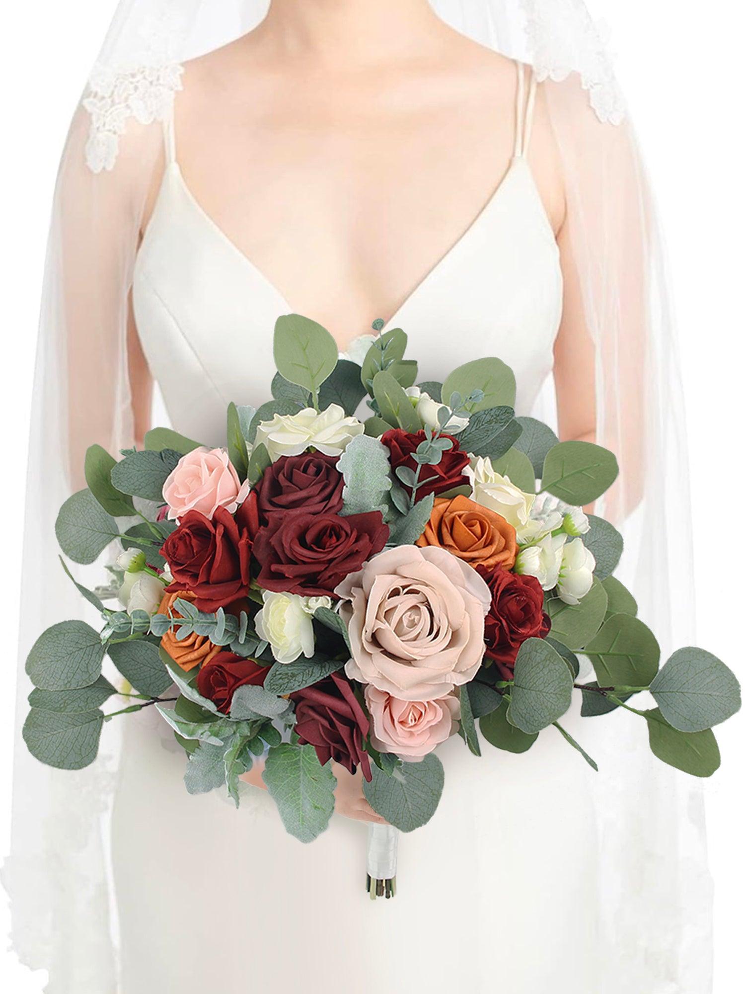 13.7 inch wide Burgundy & Burnt Orange Bridal Bouquet - Rinlong Flower