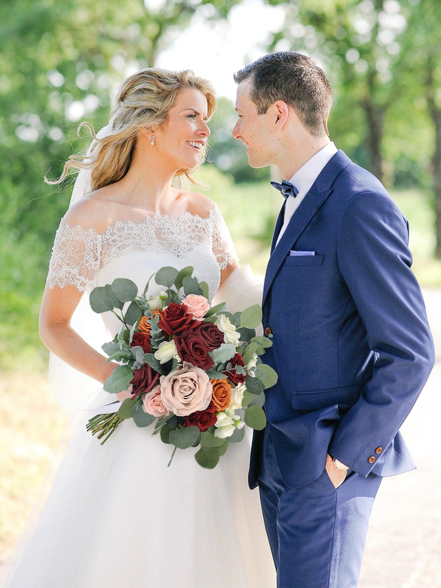 13.7 inch wide Burgundy & Burnt Orange Bridal Bouquet - Rinlong Flower